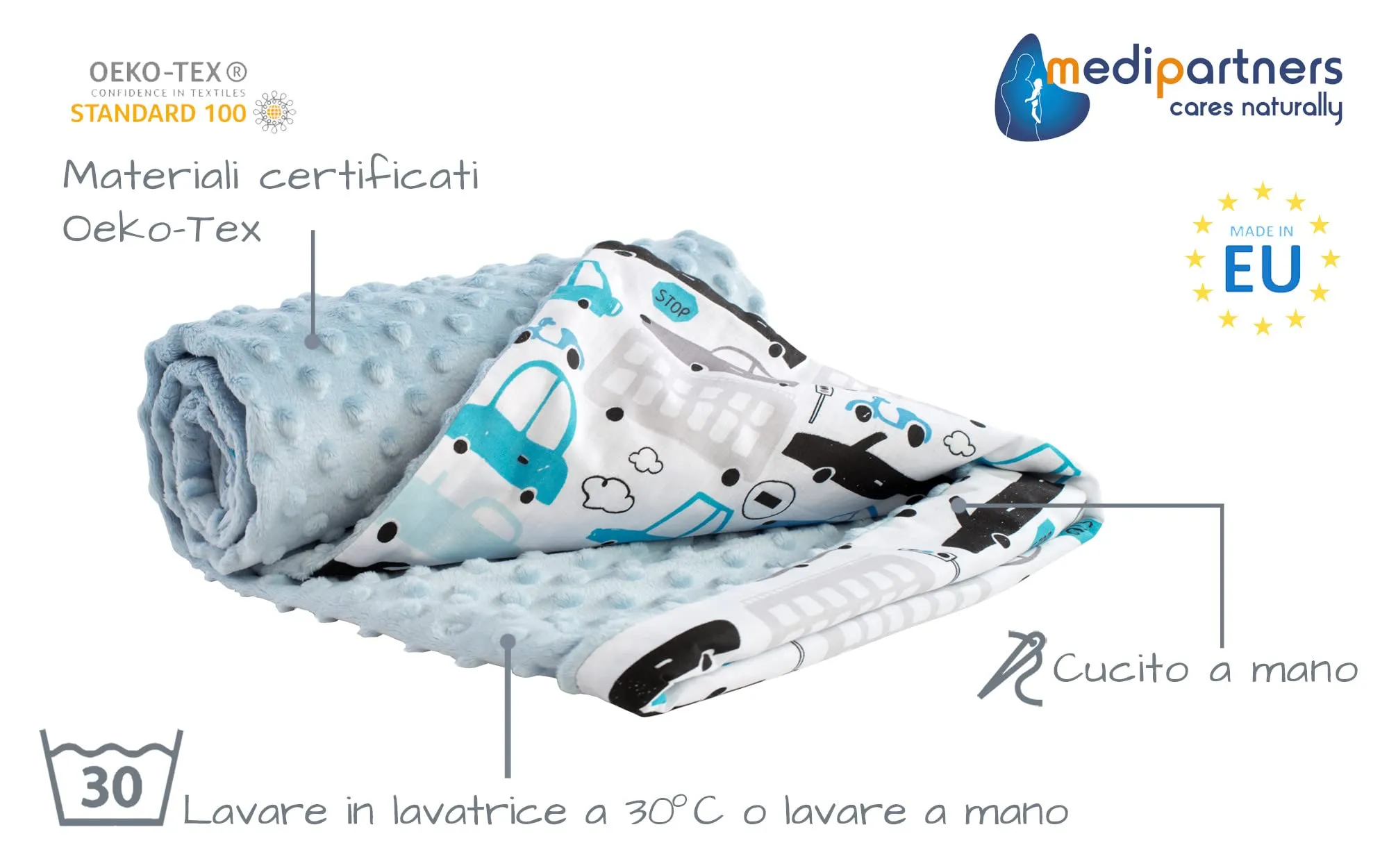 Medi Partners Coperta per Neonato Bifacciale in Cotone e Minky, 75x100cm, Macchine con blu - immagine 2