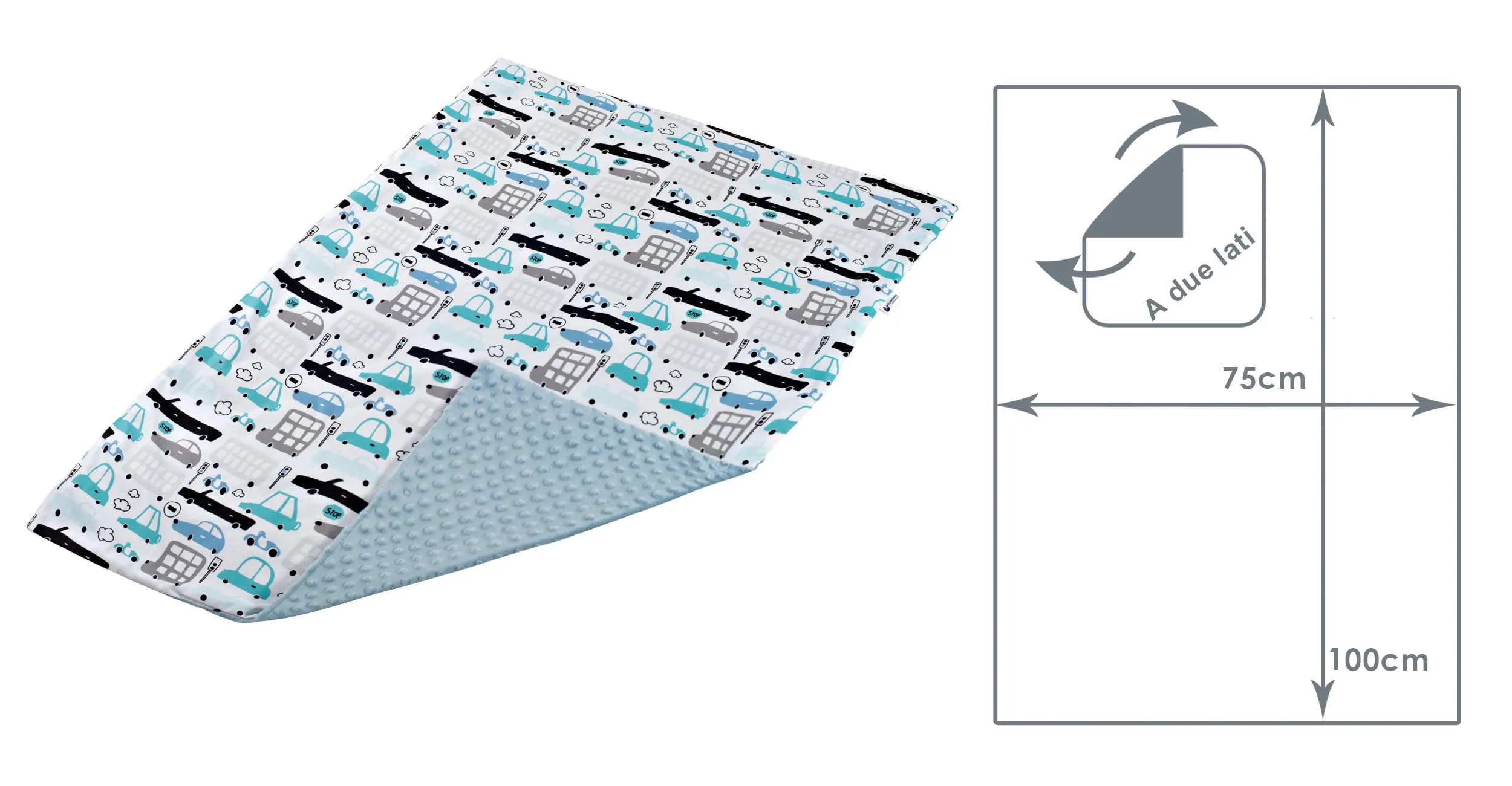 Medi Partners Coperta per Neonato Bifacciale in Cotone e Minky, 75x100cm, Macchine con blu - immagine 3
