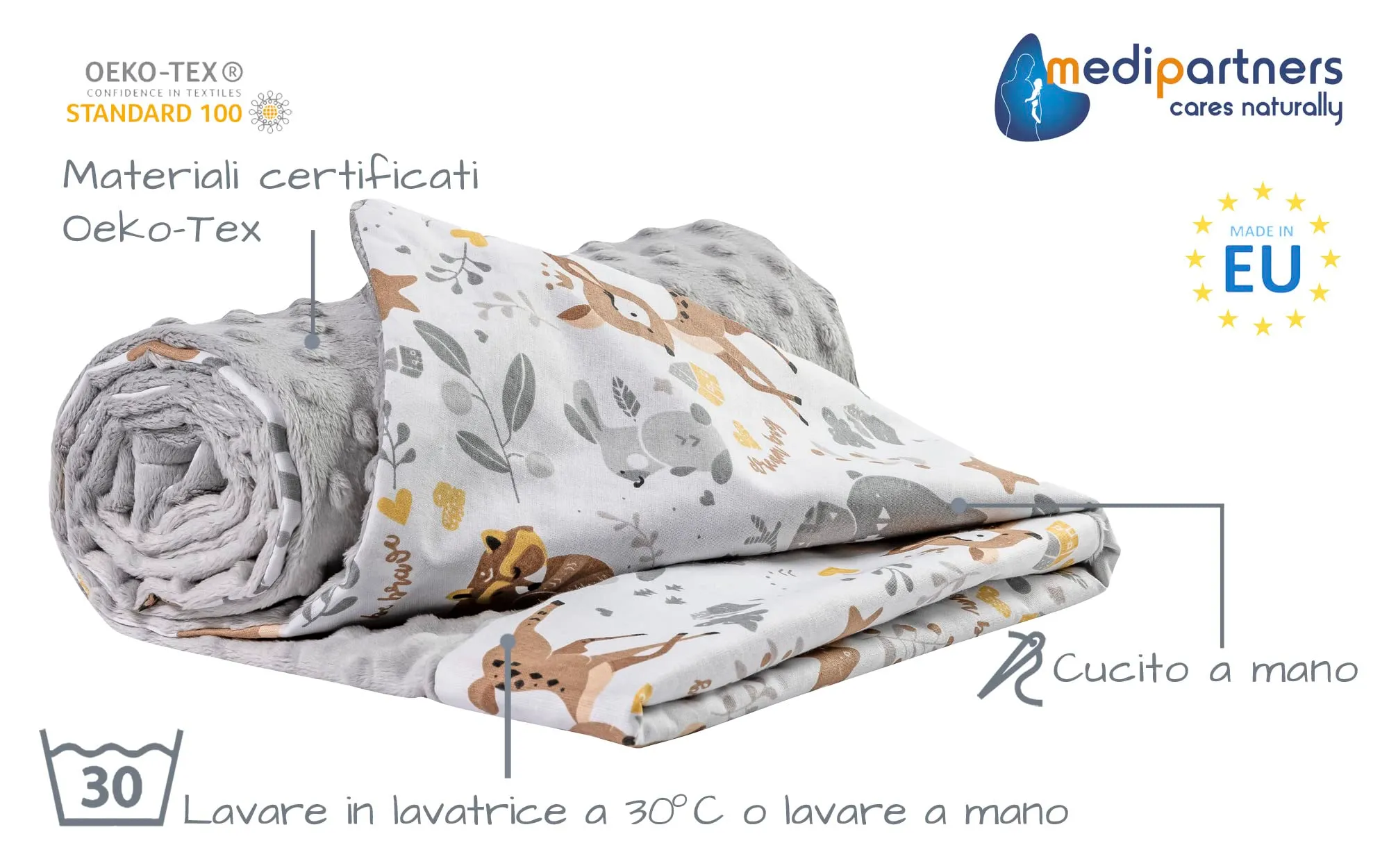 Medi Partners Coperta per Neonato Bifacciale in Cotone e Minky 75x100cm - Cervo con Grigio - immagine 2