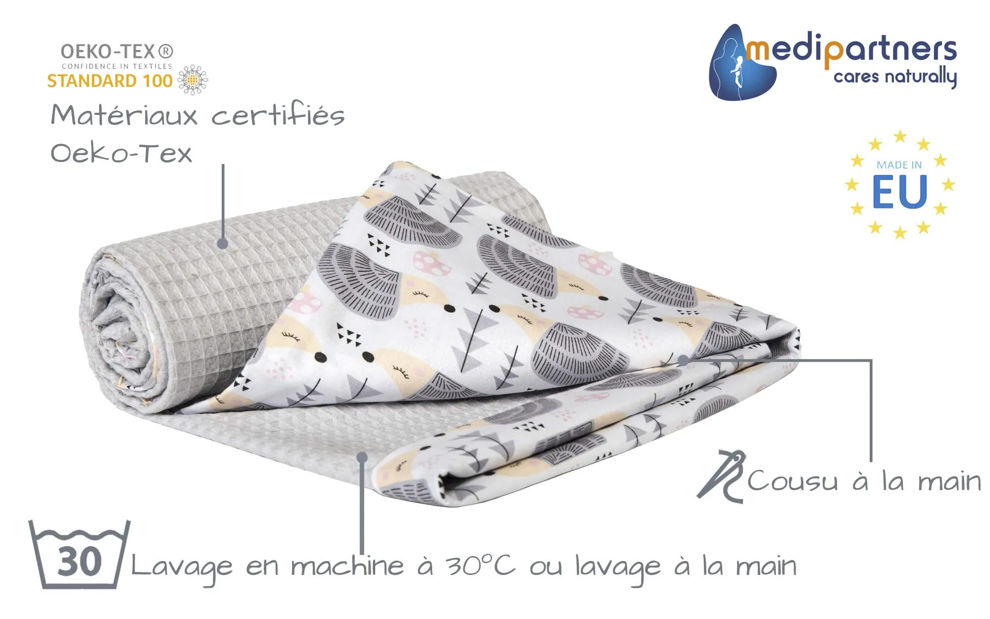 Medi Partners Coperta per Neonato in Cotone Bifacciale 75x100cm, Ricci Con Il Grigio Waffle - immagine 2