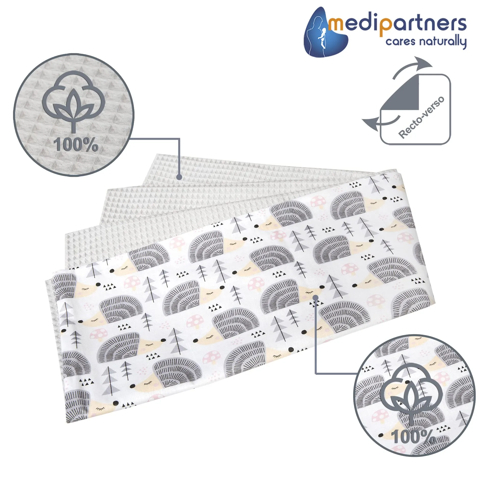 Medi Partners Coperta per Neonato in Cotone Bifacciale 75x100cm, Ricci Con Il Grigio Waffle - immagine 3