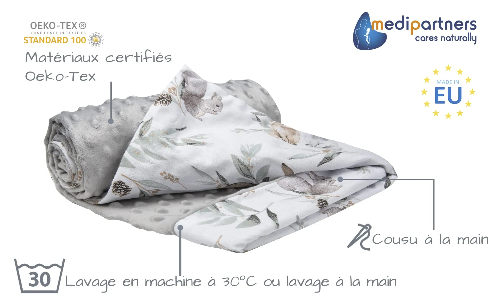 Medi Partners Coperta per Neonato in Cotone e Minky, 75x100cm, Bifacciale (Cervo in foglie con Minky grigio) - immagine 2
