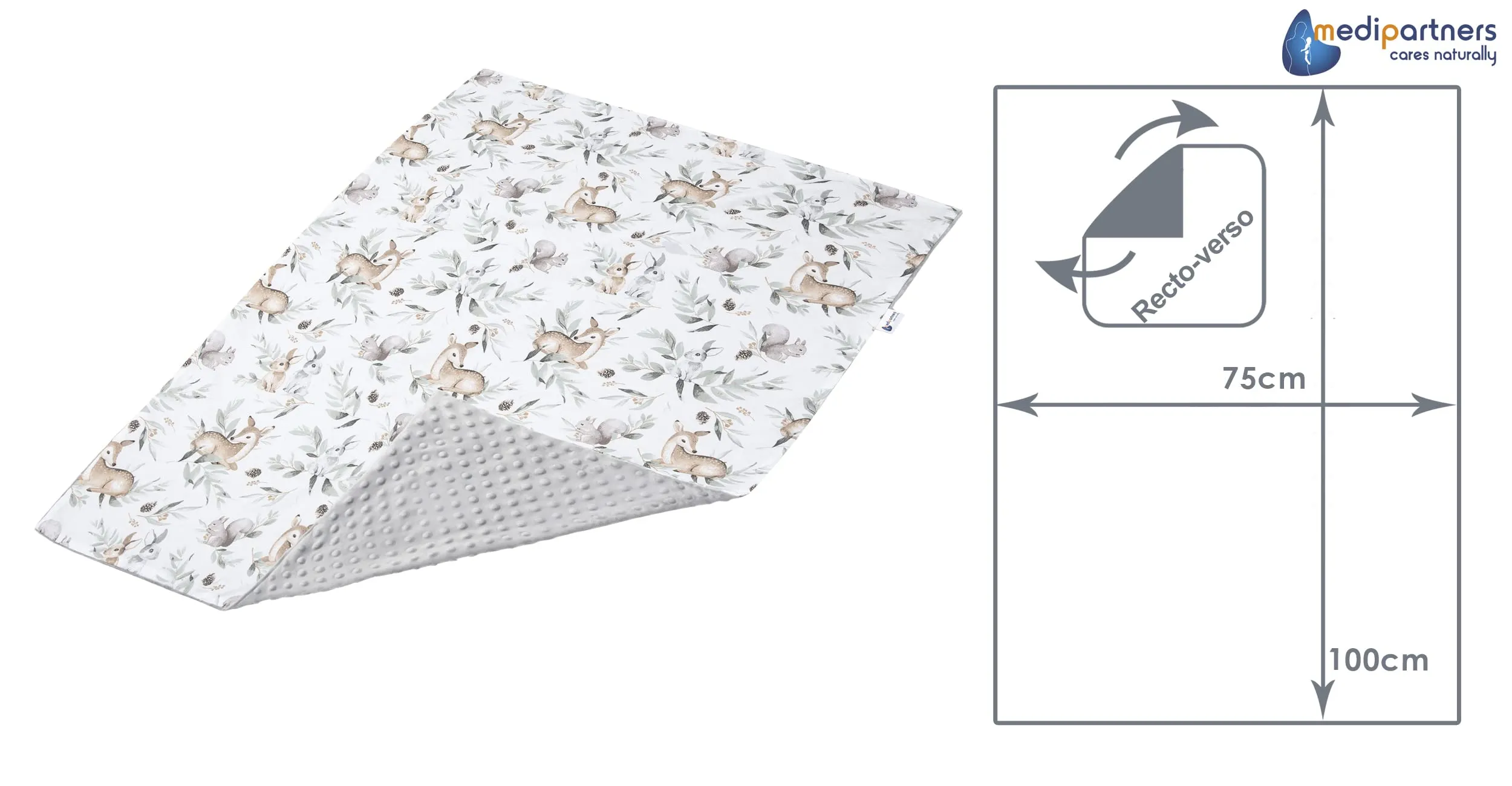 Medi Partners Coperta per Neonato in Cotone e Minky, 75x100cm, Bifacciale (Cervo in foglie con Minky grigio) - immagine 3