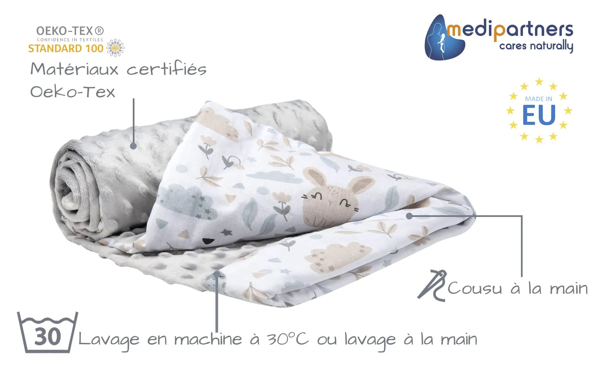 Medi Partners Coperta per Neonato in Cotone e Minky, 75x100cm, Radura con Minky grigio - immagine 2