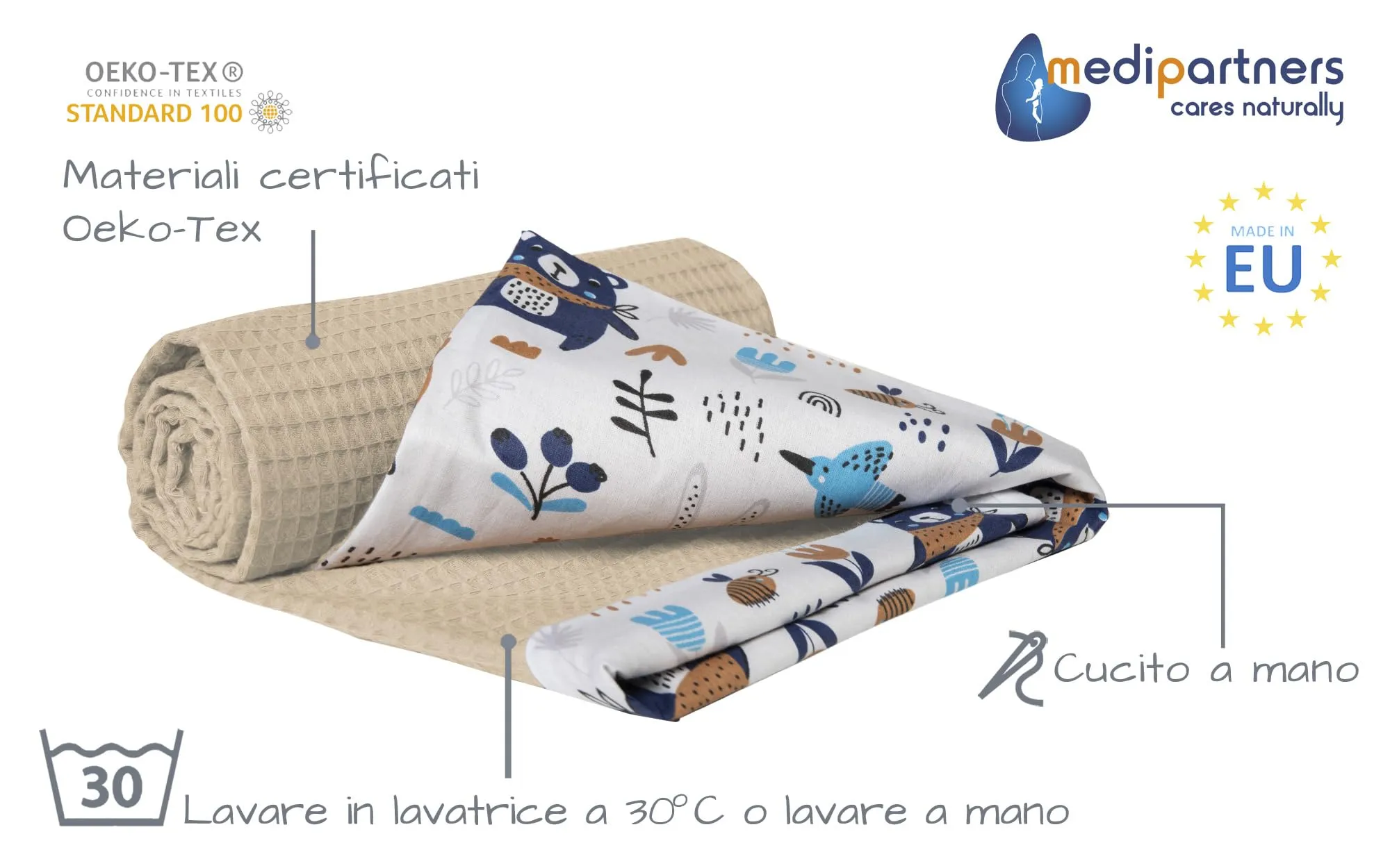 Medi Partners Coperta per Neonati in Cotone Waffle 75x100cm Bifacciale - Boho Marrone - immagine 2