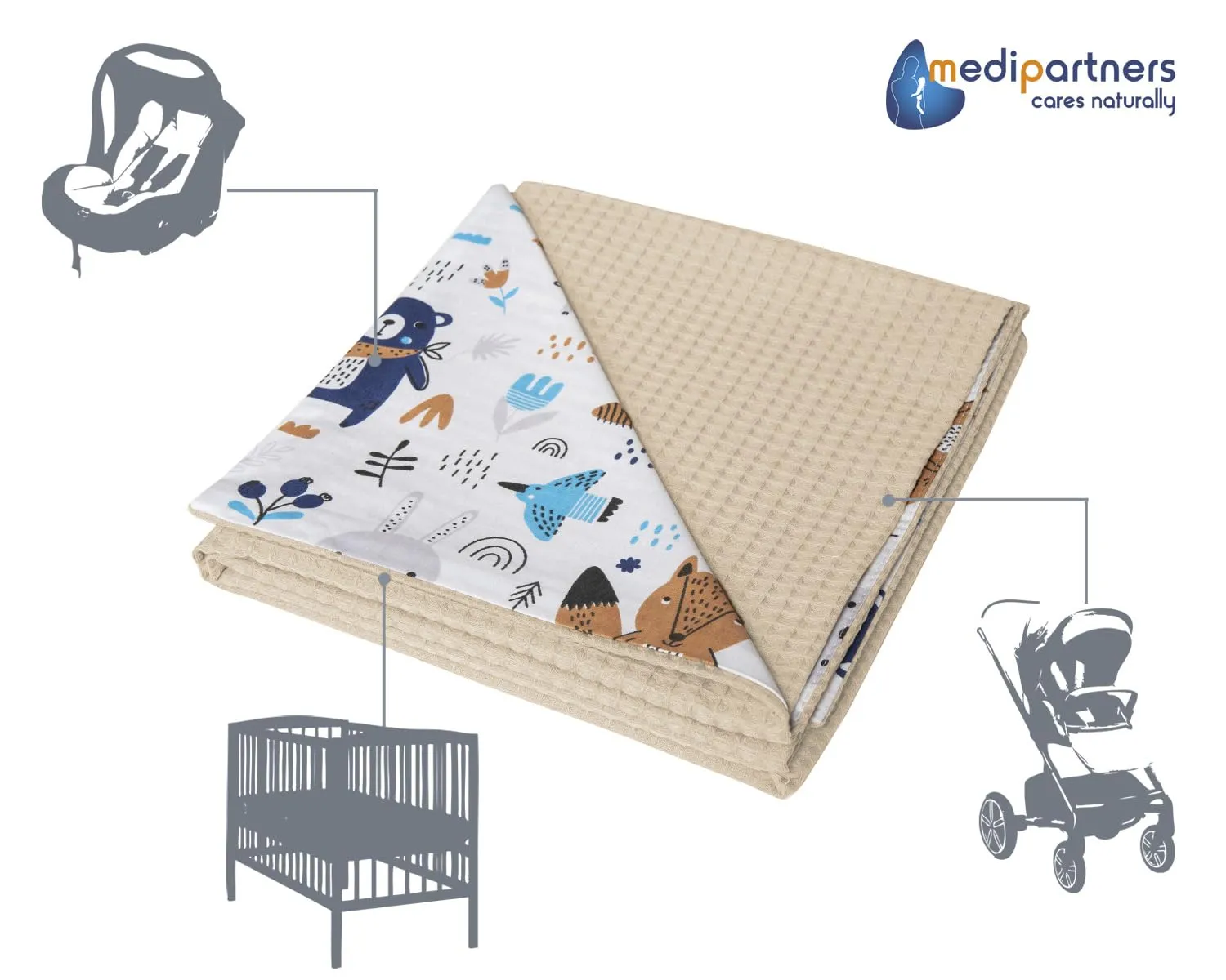 Medi Partners Coperta per Neonati in Cotone Waffle 75x100cm Bifacciale - Boho Marrone - immagine 5