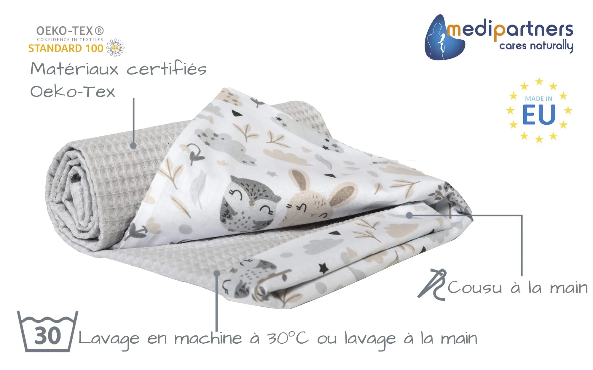 Medi Partners Coperta per Neonato in Cotone Bifacciale 75x100cm, Radura con Waffle Grigia - immagine 2