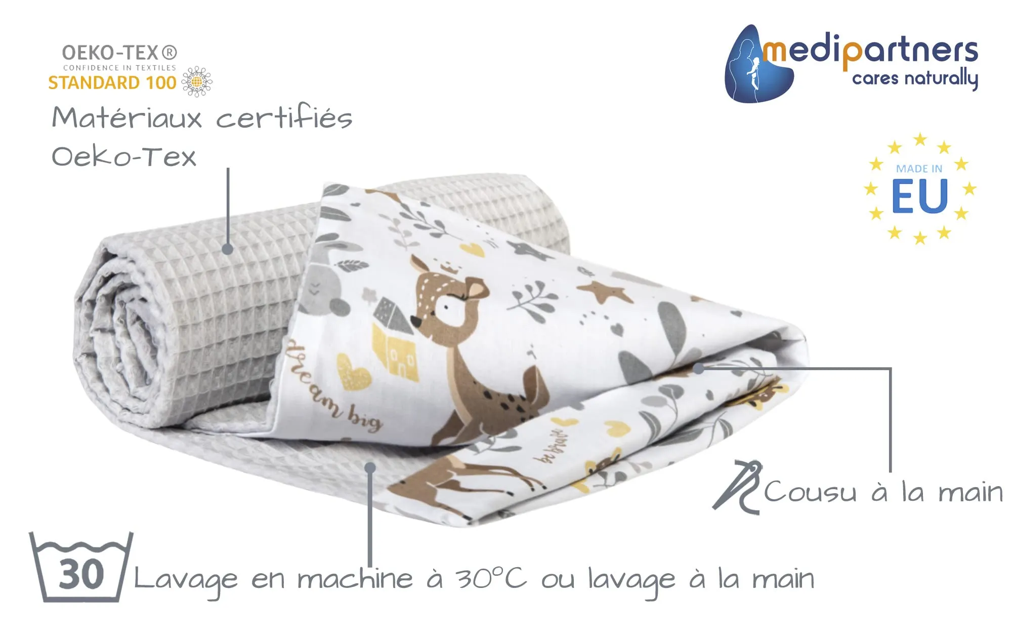 Medi Partners Coperta per Neonato in Cotone Waffle Bifacciale, 75x100cm, Cervo Con Grigio - immagine 2