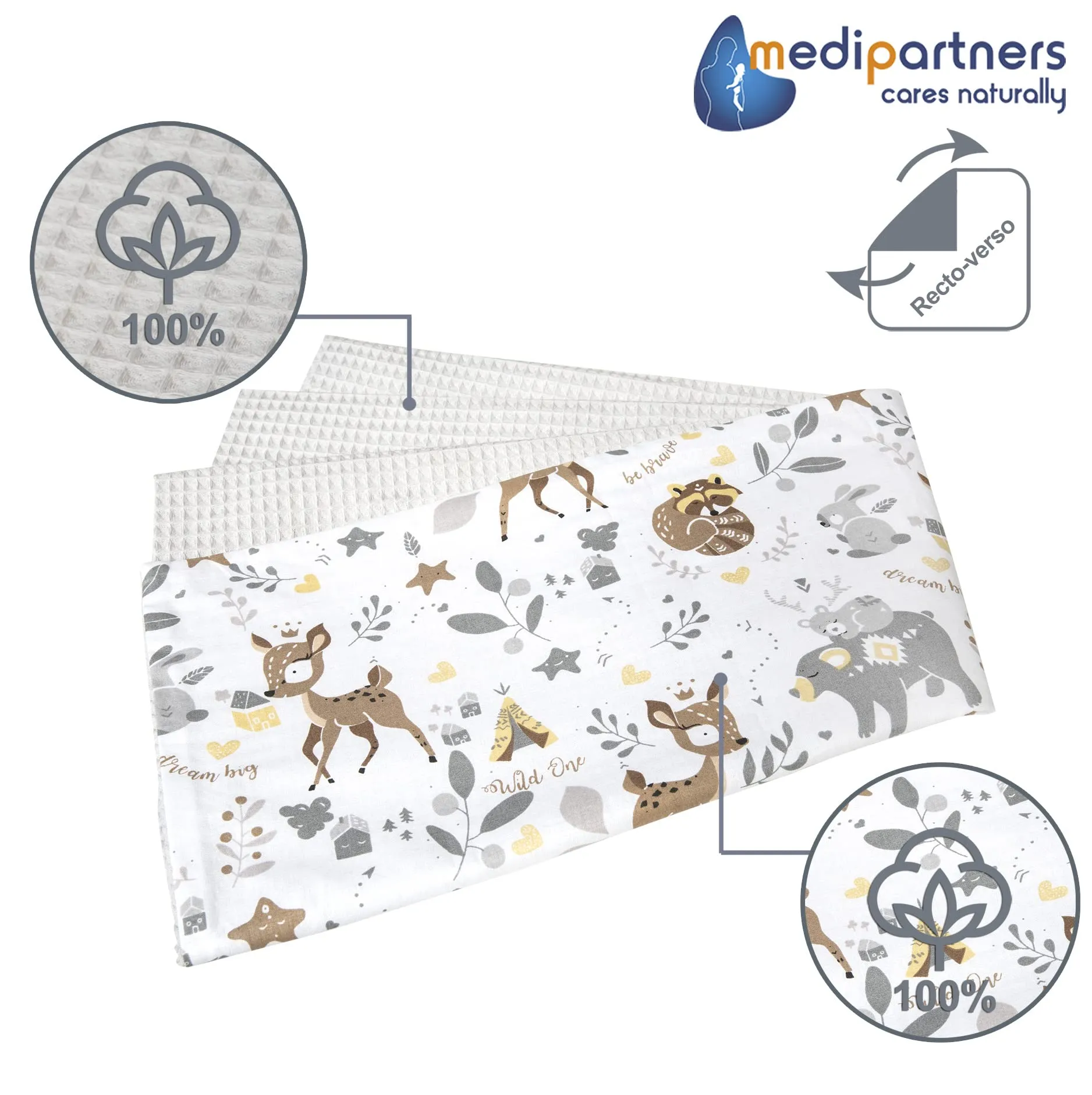 Medi Partners Coperta per Neonato in Cotone Waffle Bifacciale, 75x100cm, Cervo Con Grigio - immagine 3