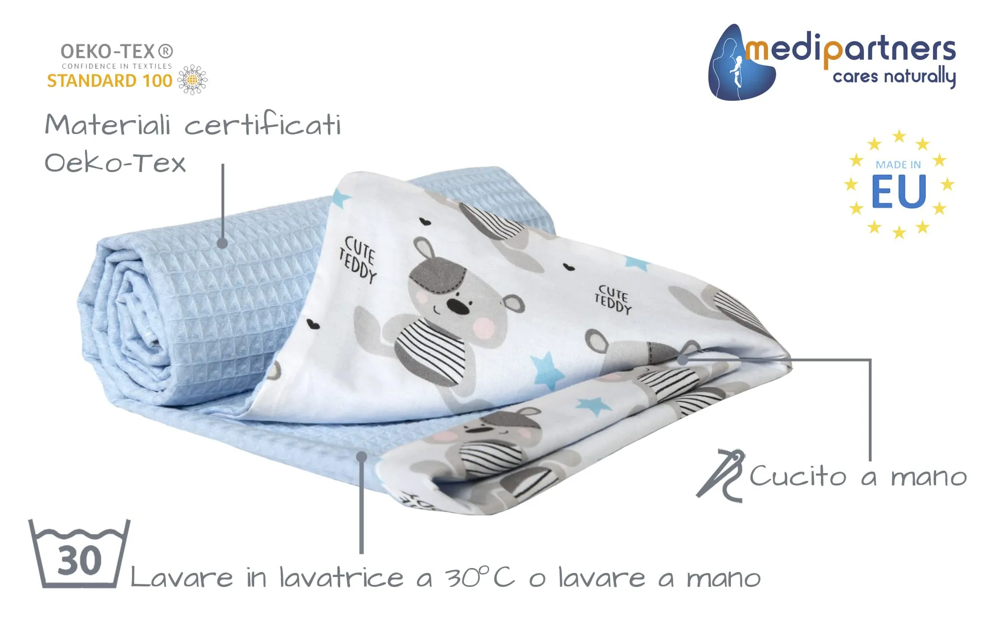 Medi Partners Coperta per Neonato in Cotone 75x100cm, Bifacciale, Orsacchiotto Con Waffle Azzurro - immagine 2