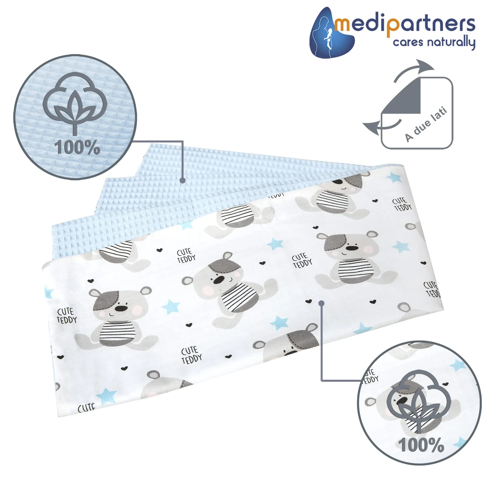 Medi Partners Coperta per Neonato in Cotone 75x100cm, Bifacciale, Orsacchiotto Con Waffle Azzurro - immagine 3