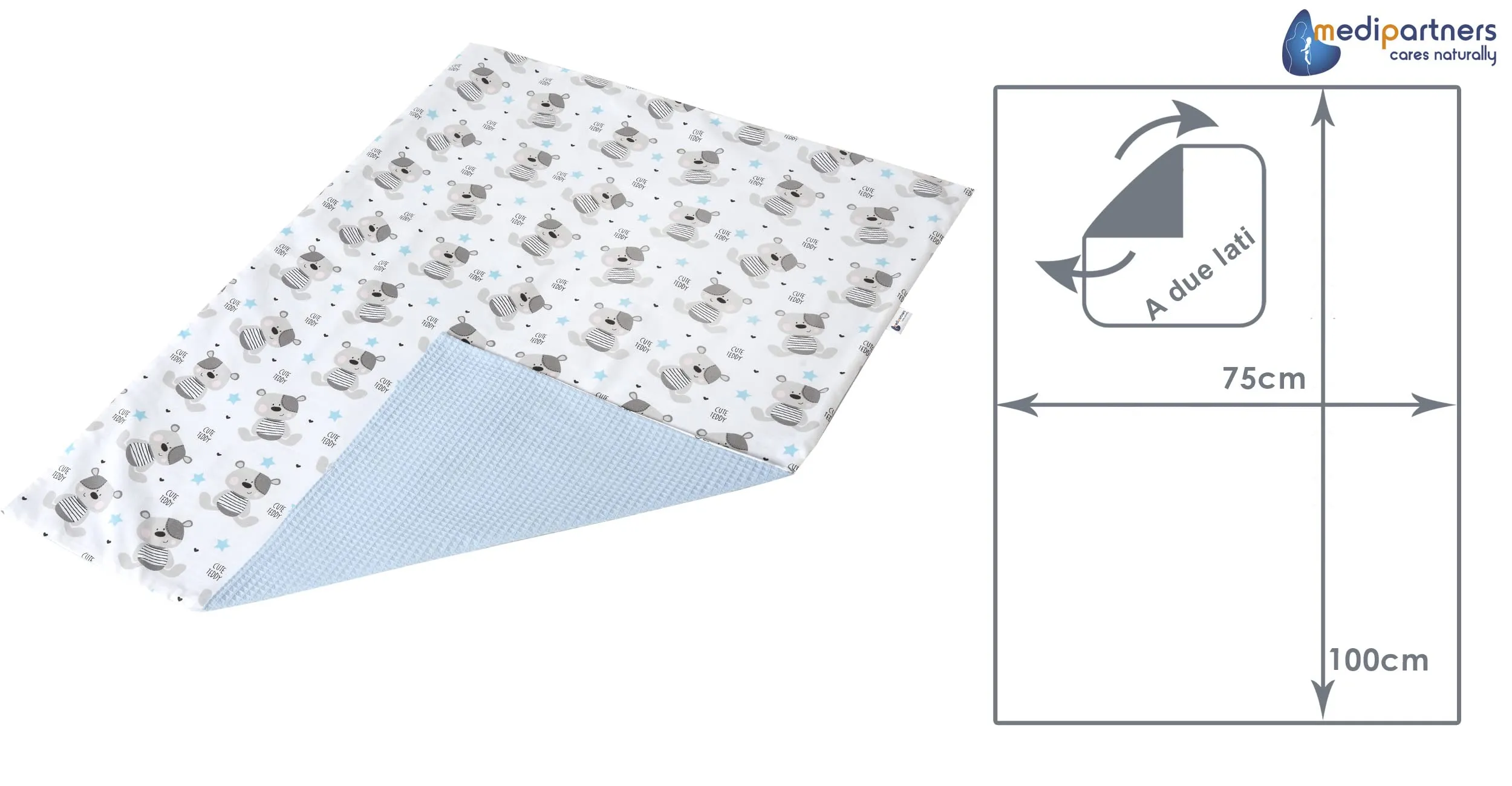 Medi Partners Coperta per Neonato in Cotone 75x100cm, Bifacciale, Orsacchiotto Con Waffle Azzurro - immagine 4