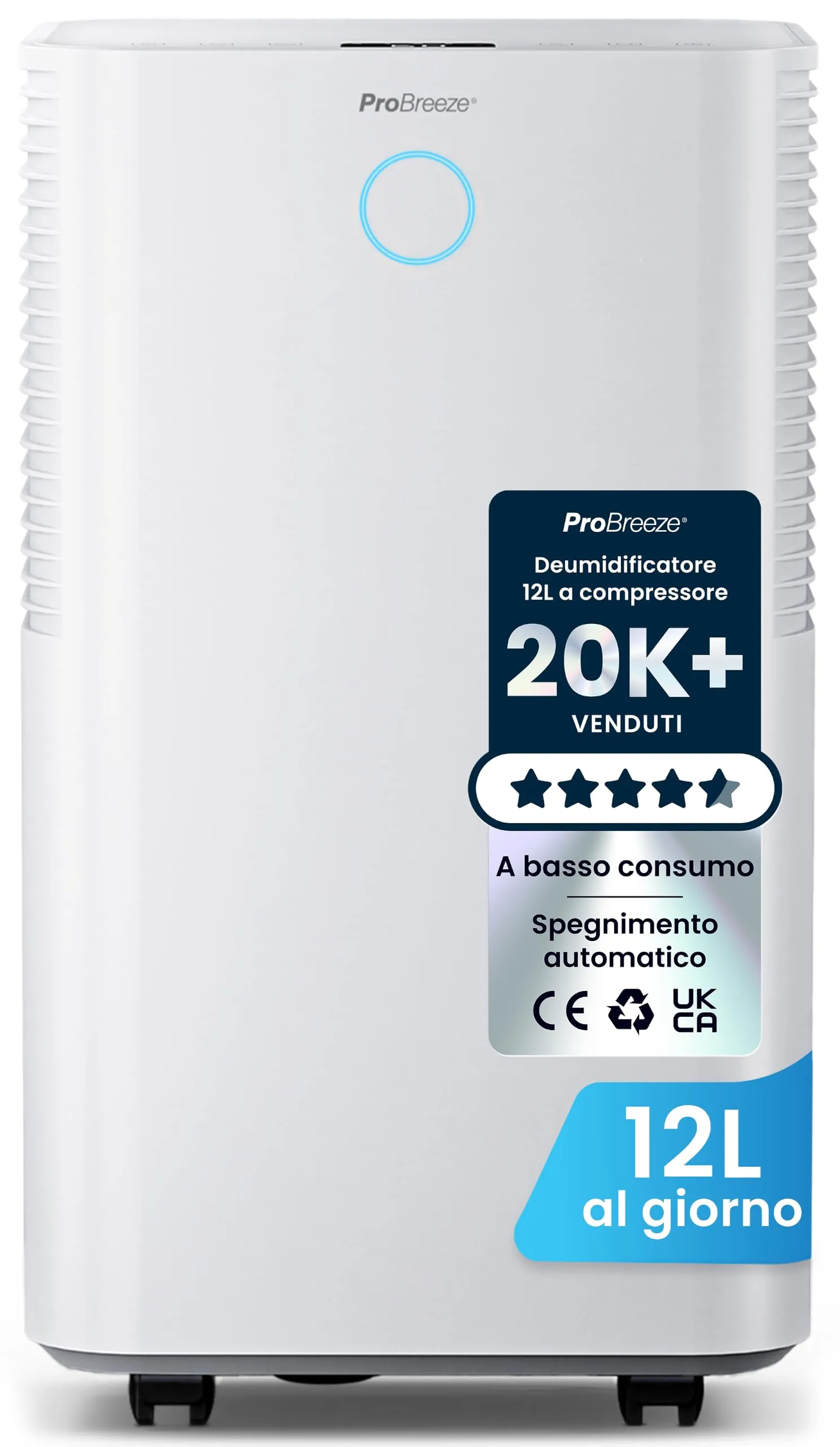 Pro Breeze OmniDry Deumidificatore 12L/giorno, Serbatoio 2L, Sensore e Display Umidità, Modalità Sleep e Timer 24H, Bianco - immagine 1