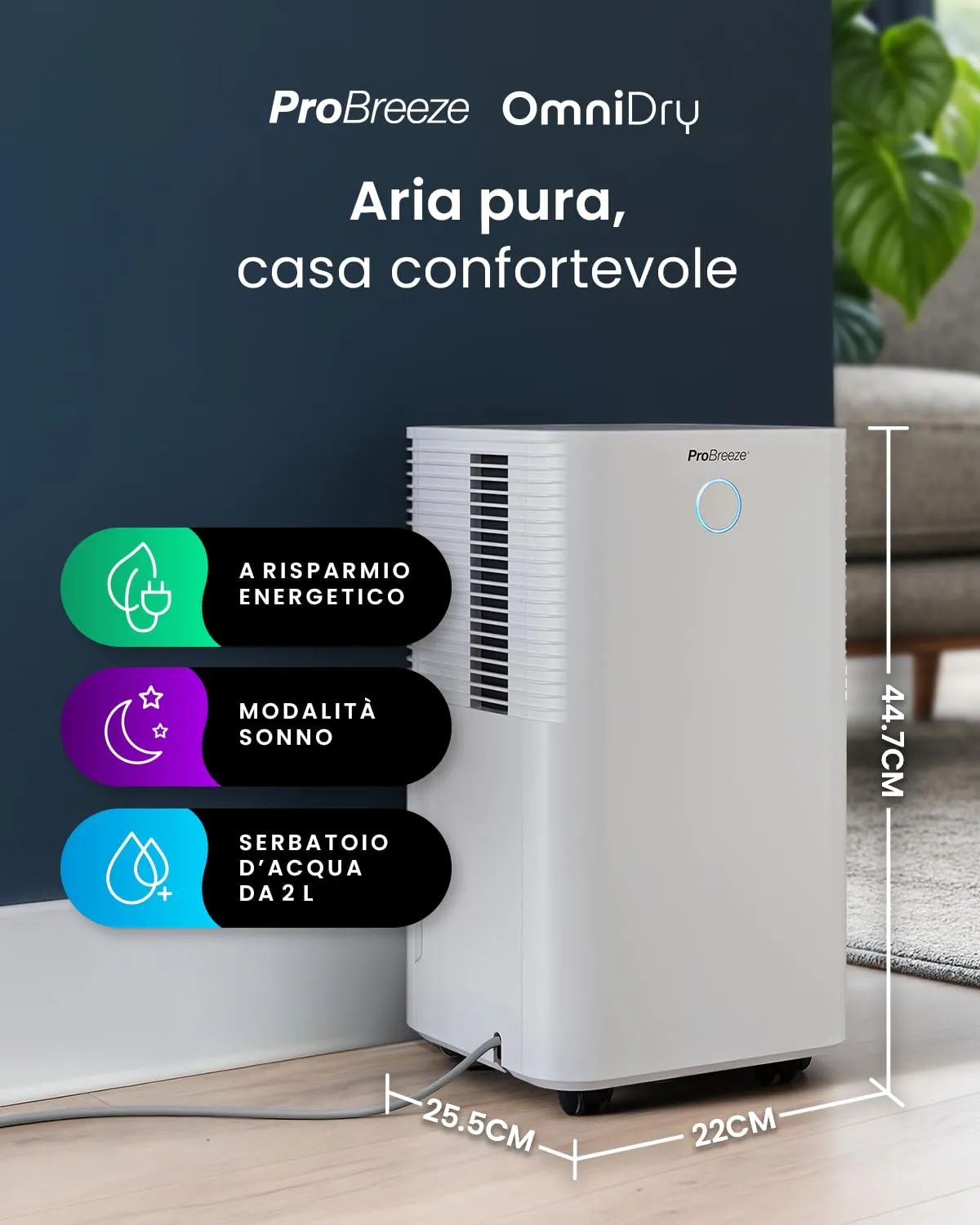 Pro Breeze OmniDry Deumidificatore 12L/giorno, Serbatoio 2L, Sensore e Display Umidità, Modalità Sleep e Timer 24H, Bianco - immagine 2