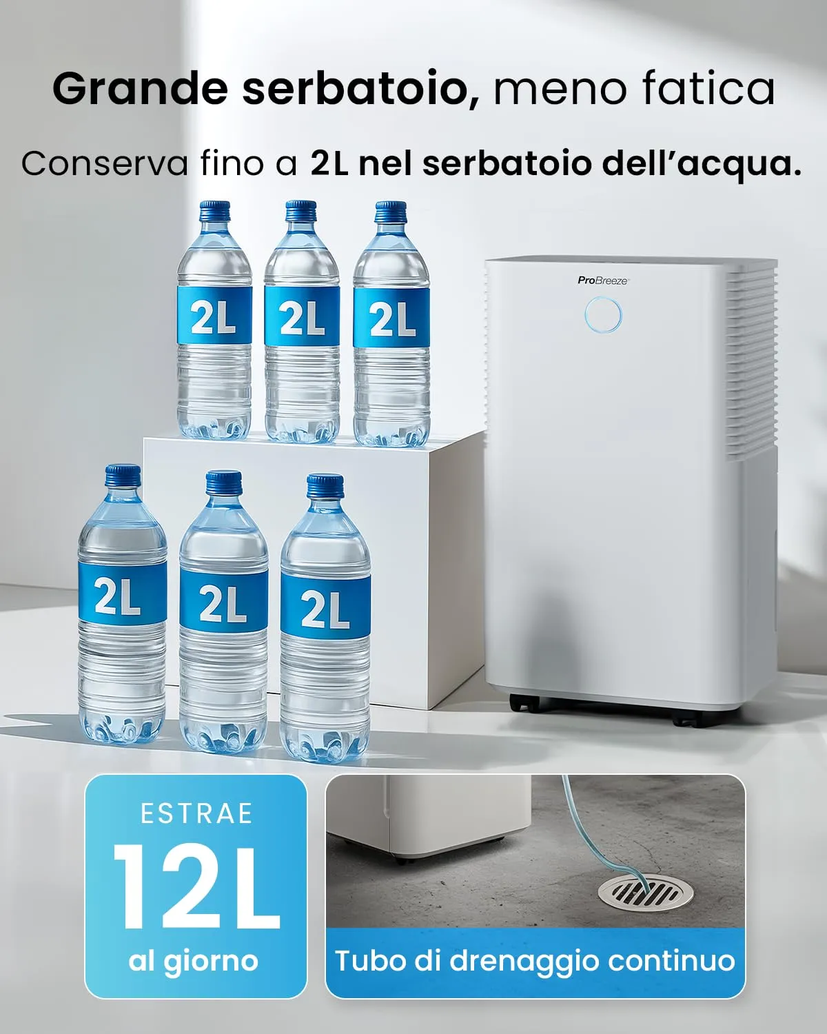Pro Breeze OmniDry Deumidificatore 12L/giorno, Serbatoio 2L, Sensore e Display Umidità, Modalità Sleep e Timer 24H, Bianco - immagine 3