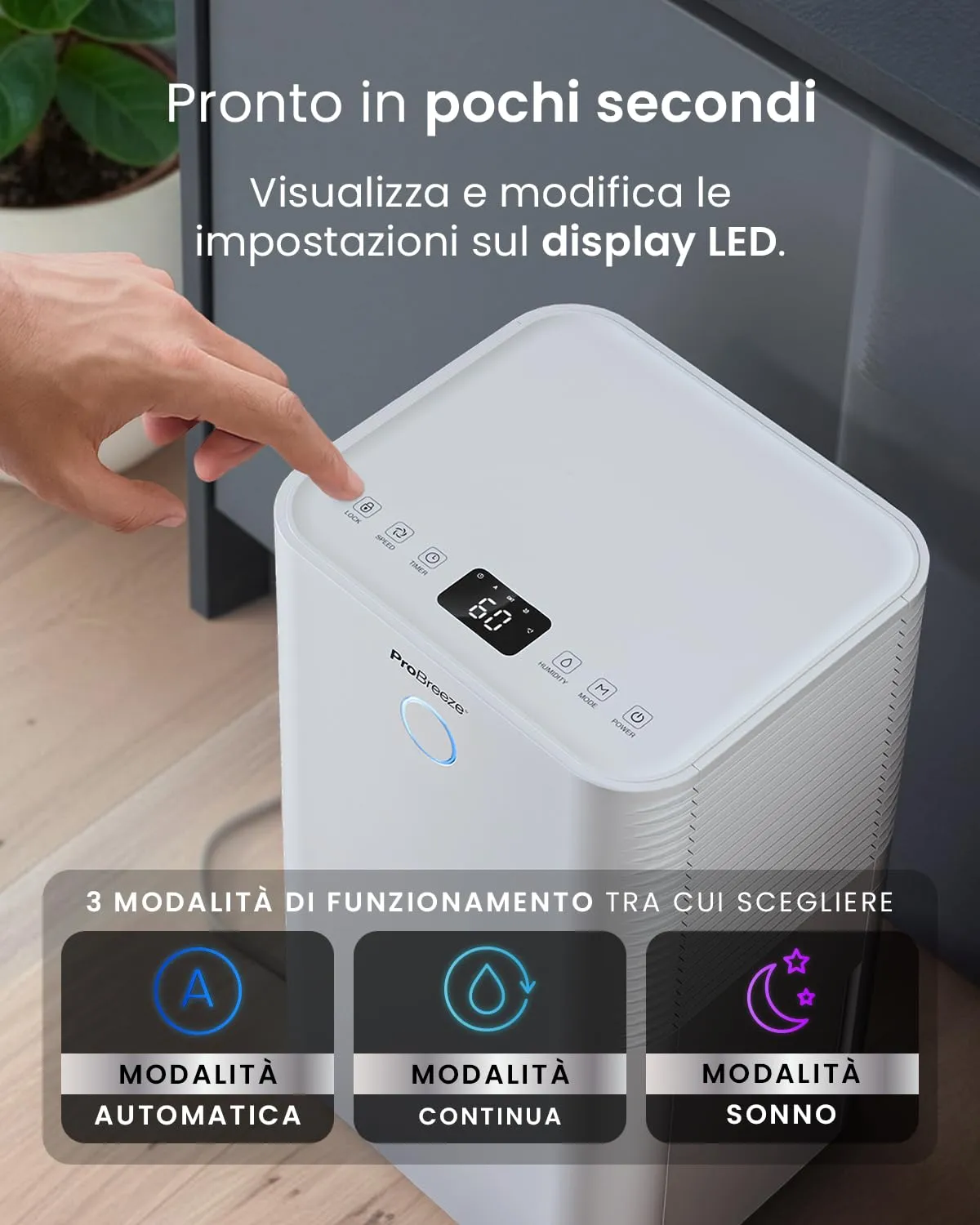 Pro Breeze OmniDry Deumidificatore 12L/giorno, Serbatoio 2L, Sensore e Display Umidità, Modalità Sleep e Timer 24H, Bianco - immagine 5