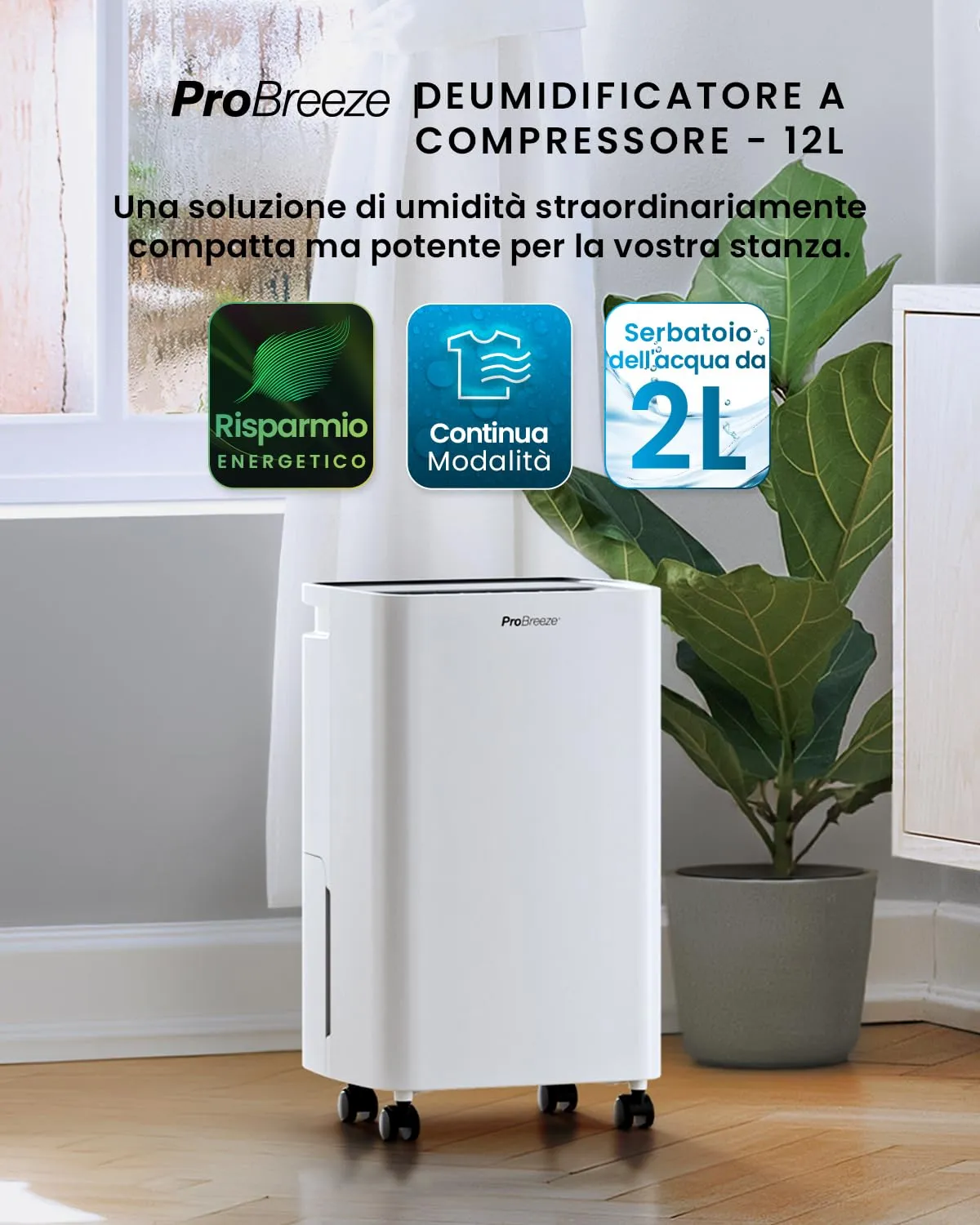 Pro Breeze Deumidificatore a Compressore PB-D-27, 12L/Giorno, 20 m², Serbatoio 2L - immagine 2