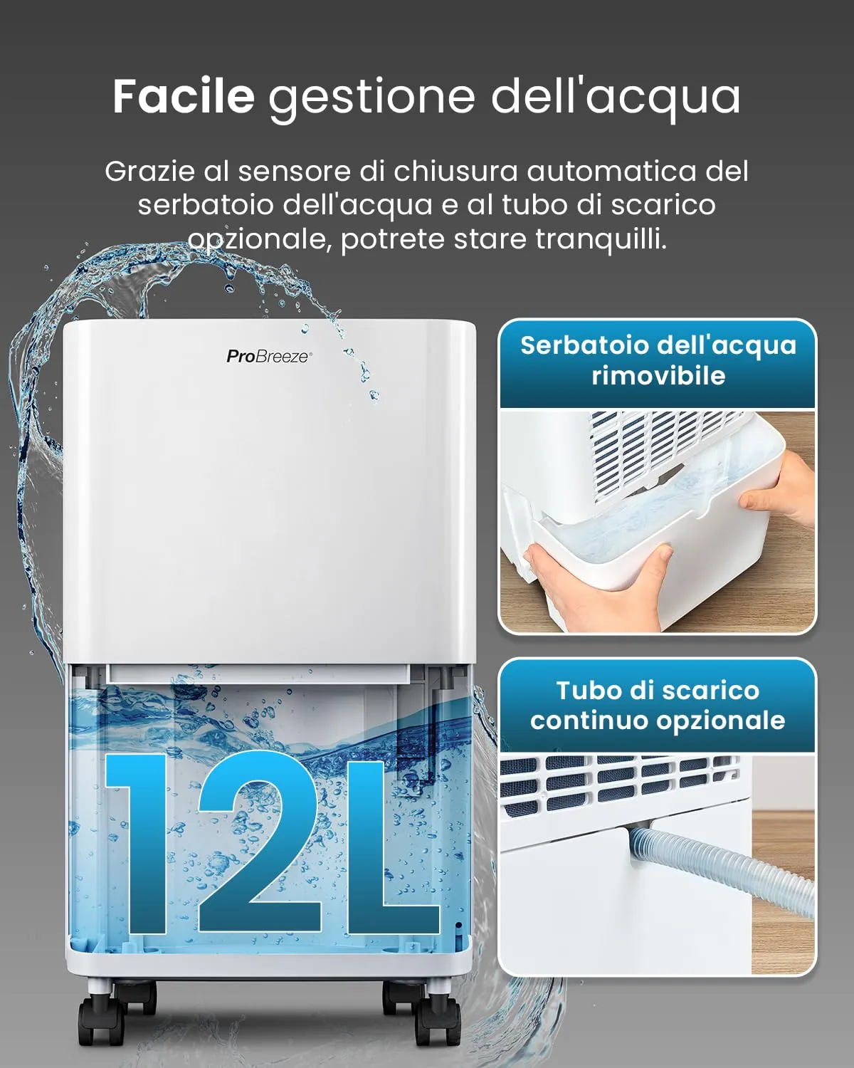 Pro Breeze Deumidificatore a Compressore PB-D-27, 12L/Giorno, 20 m², Serbatoio 2L - immagine 3