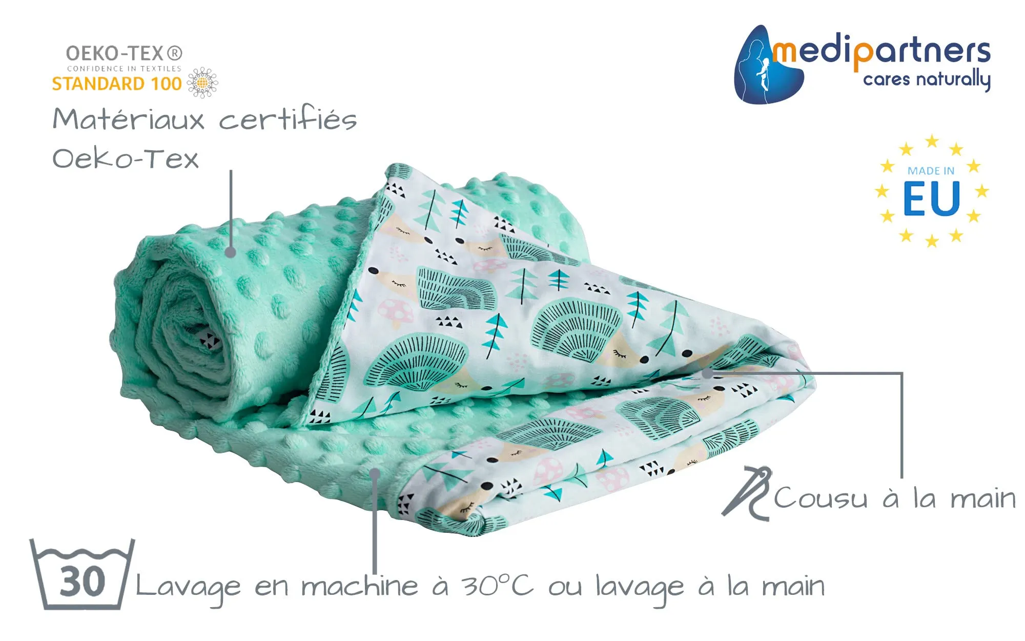 Medi Partners Coperta per Neonato Bifacciale in Cotone e Minky, 75x100cm, Riccio Menta - immagine 2