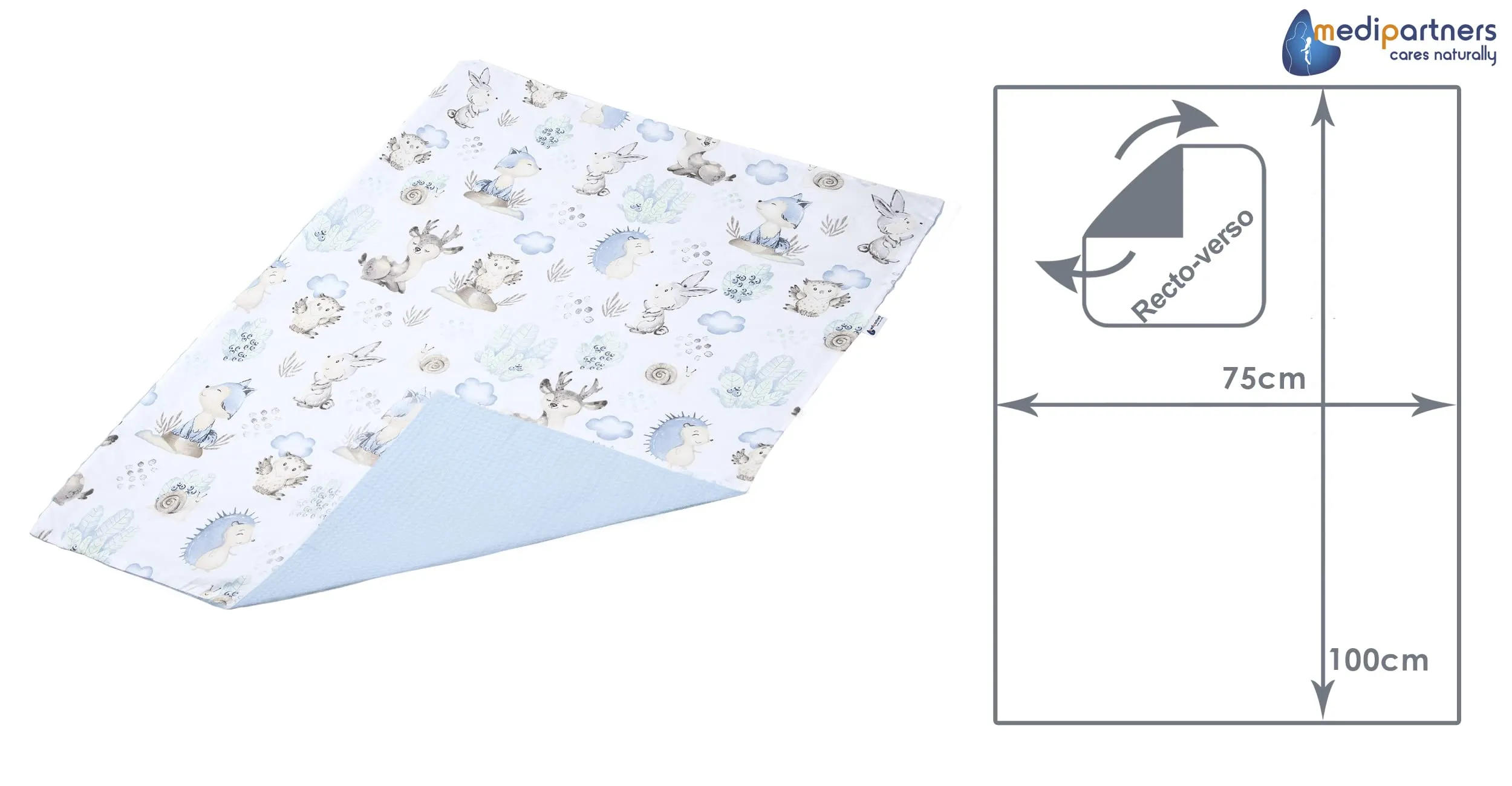 Medi Partners Coperta per Neonato in Cotone Bifacciale 75x100cm - Cervo E Riccio Con Waffle Azzurre - immagine 4