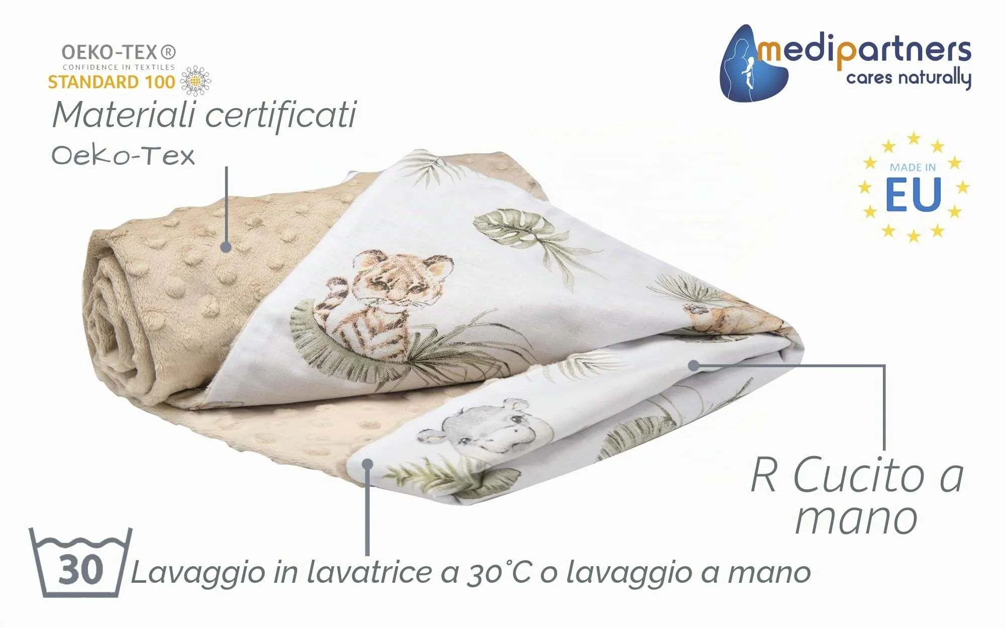 Medi Partners Coperta per Neonato Bifacciale in Cotone e Minky 75x100cm, Safari beige - immagine 2