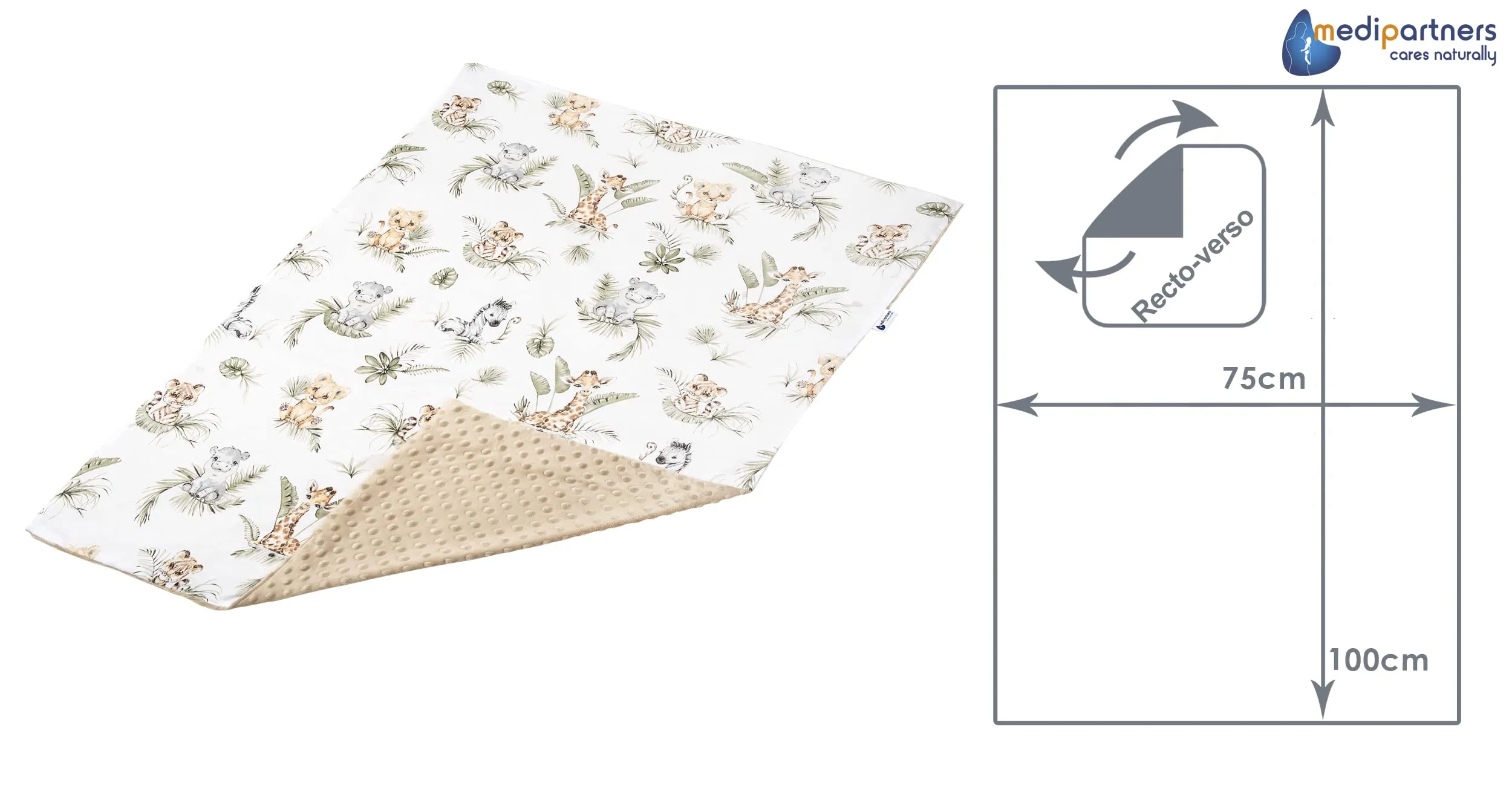 Medi Partners Coperta per Neonato Bifacciale in Cotone e Minky 75x100cm, Safari beige - immagine 3