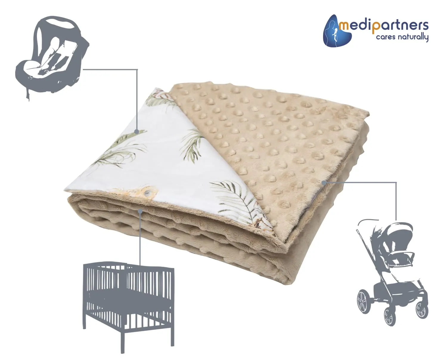 Medi Partners Coperta per Neonato Bifacciale in Cotone e Minky 75x100cm, Safari beige - immagine 4