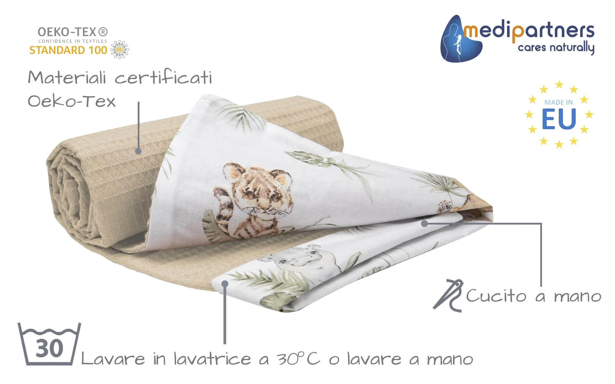Medi Partners Coperta per Neonato in Cotone Waffle 75x100cm, Bifacciale, Safari Di Waffle Marroni - immagine 2