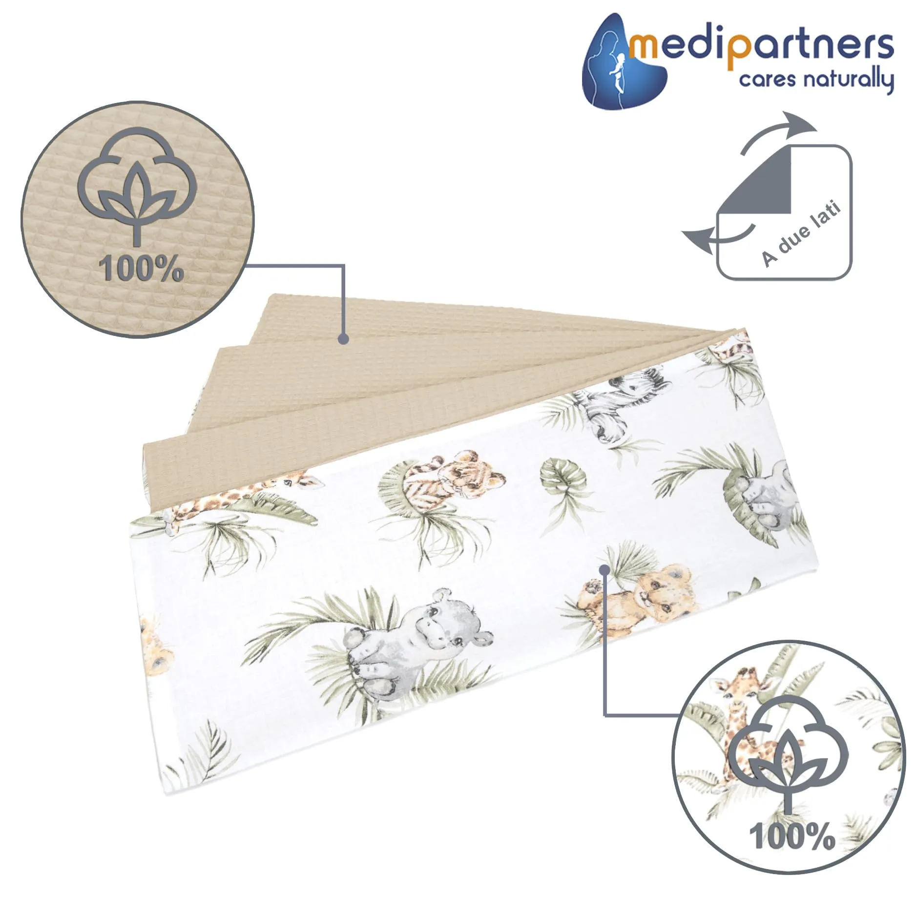 Medi Partners Coperta per Neonato in Cotone Waffle 75x100cm, Bifacciale, Safari Di Waffle Marroni - immagine 3