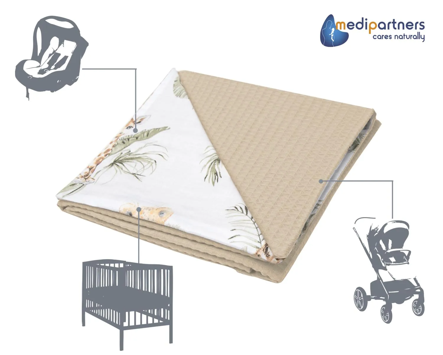 Medi Partners Coperta per Neonato in Cotone Waffle 75x100cm, Bifacciale, Safari Di Waffle Marroni - immagine 5