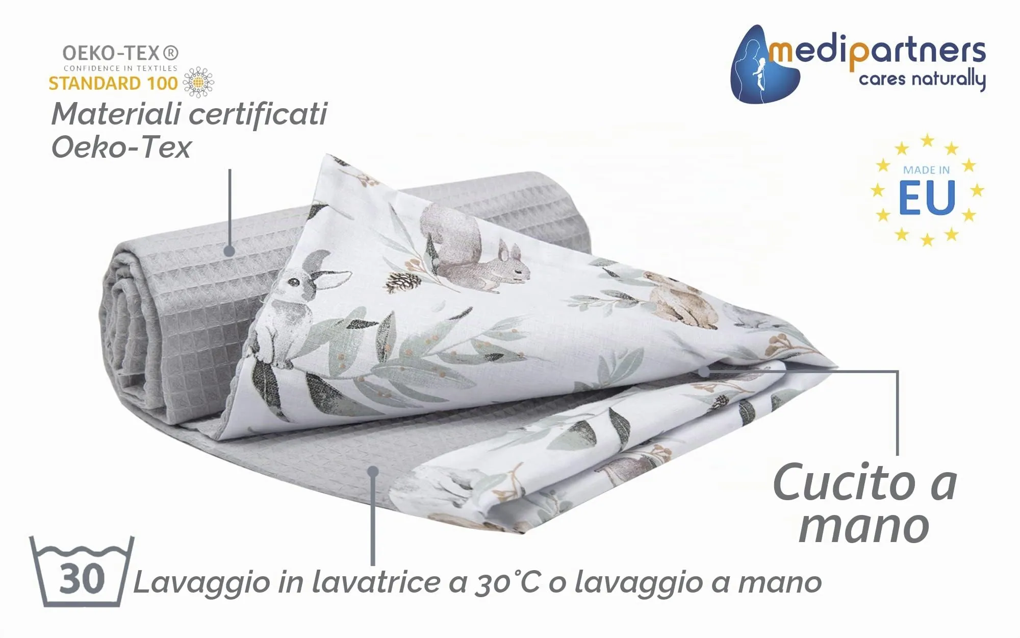 Medi Partners Coperta per Neonato in Cotone Bifacciale 75x100cm - Cervo In Foglie con Waffle Grigio - immagine 2