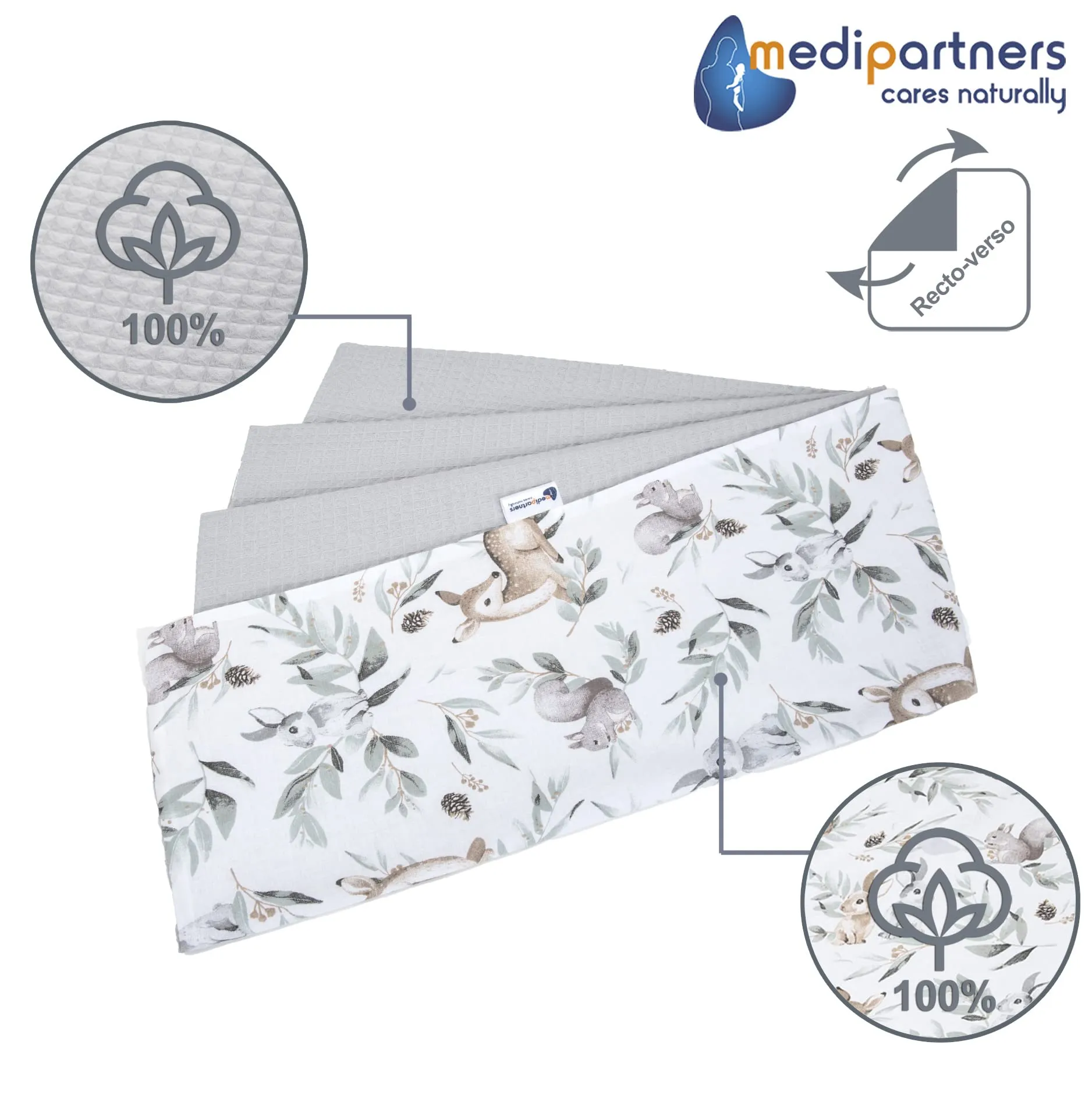 Medi Partners Coperta per Neonato in Cotone Bifacciale 75x100cm - Cervo In Foglie con Waffle Grigio - immagine 3