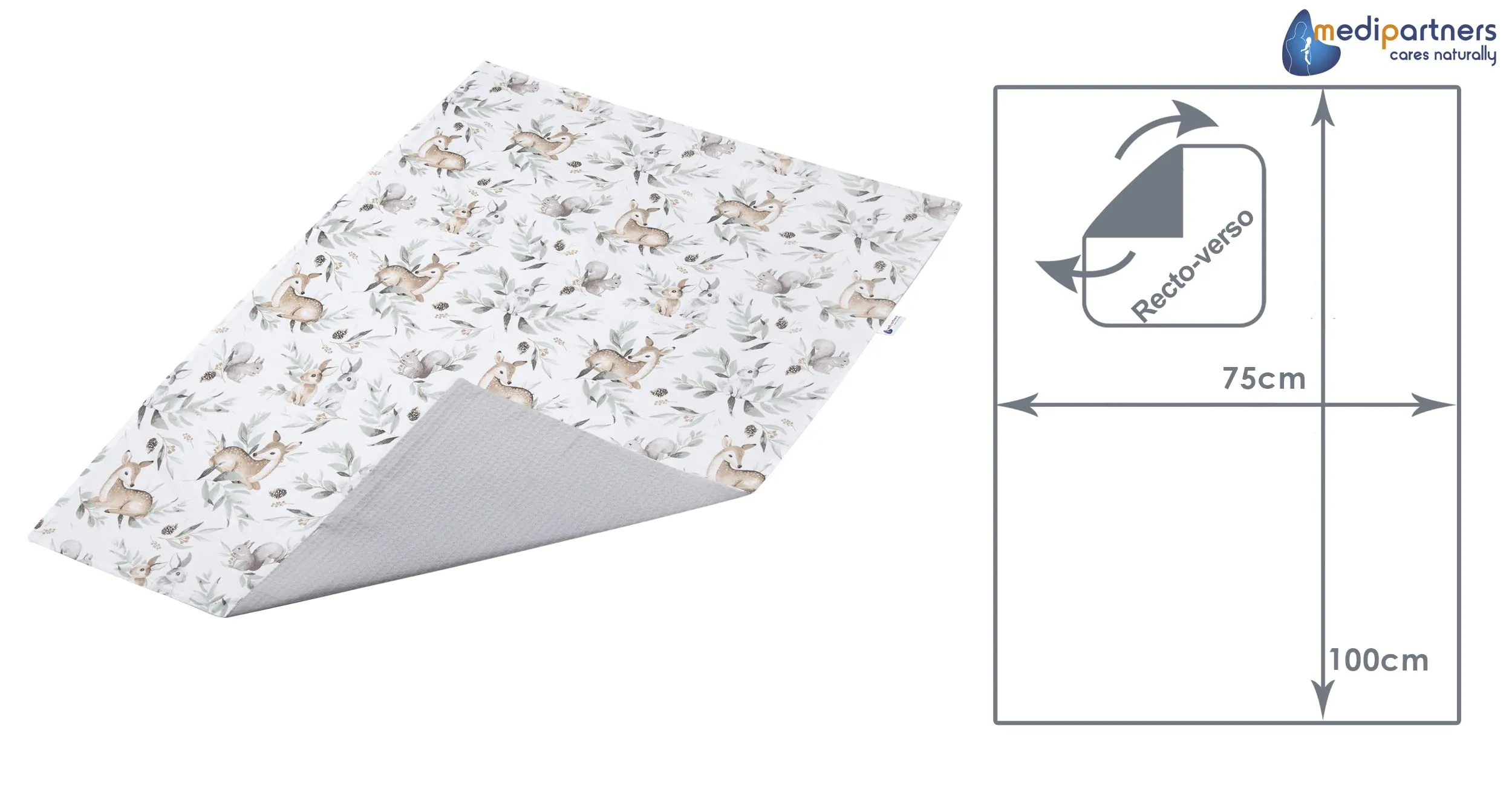 Medi Partners Coperta per Neonato in Cotone Bifacciale 75x100cm - Cervo In Foglie con Waffle Grigio - immagine 4