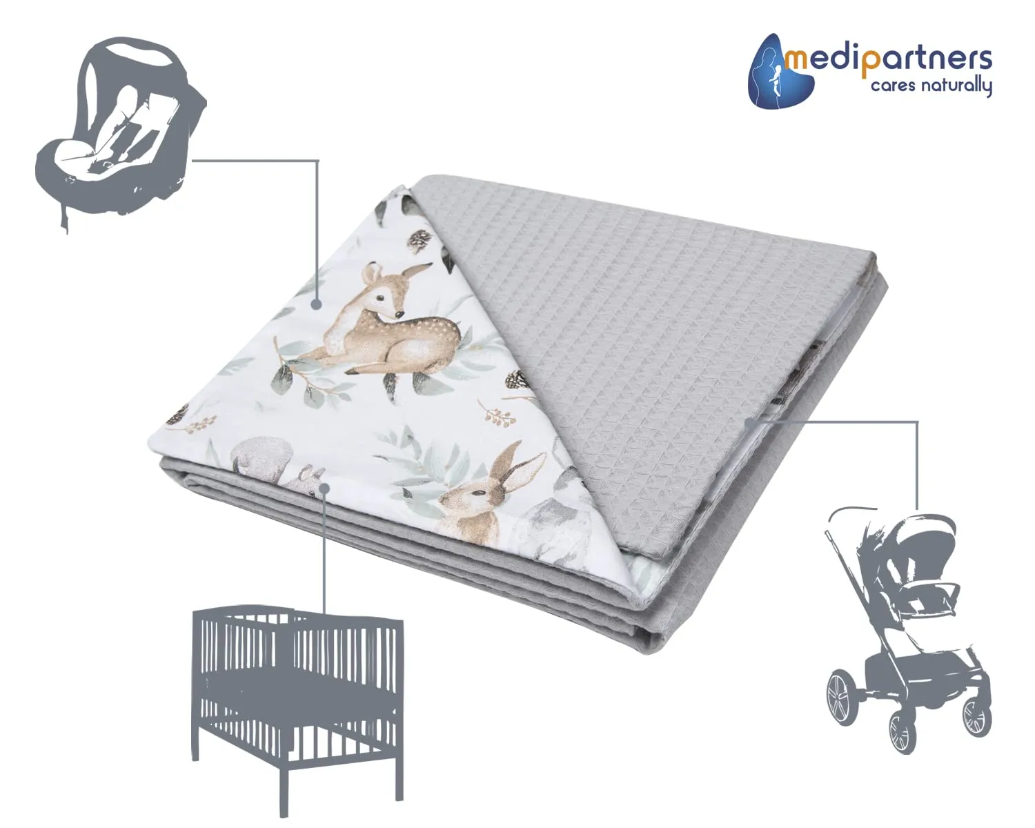 Medi Partners Coperta per Neonato in Cotone Bifacciale 75x100cm - Cervo In Foglie con Waffle Grigio - immagine 5