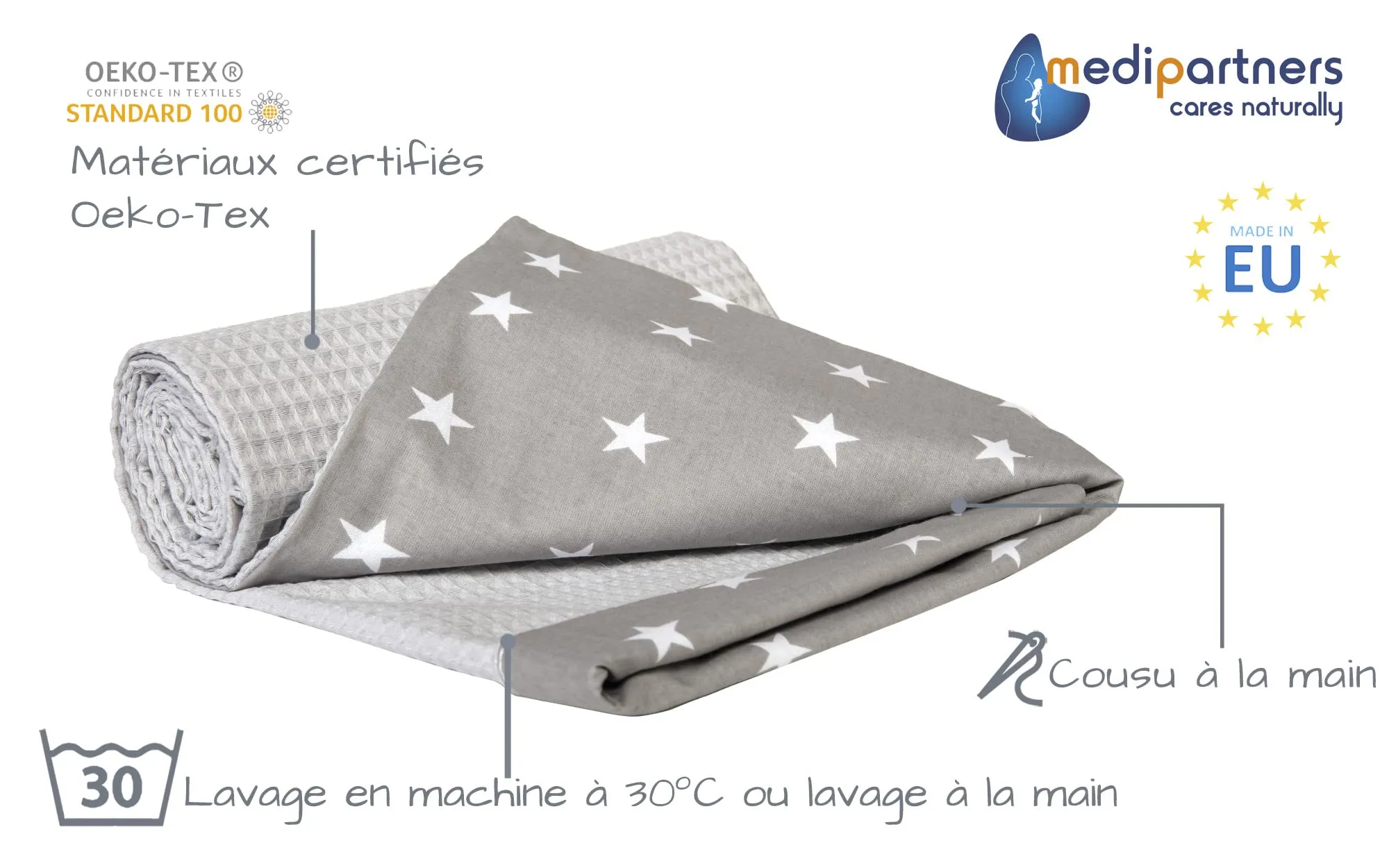 Medi Partners Coperta per Neonato in Cotone Bifacciale, 75x100cm, Stelle con Waffle Grigio - immagine 2