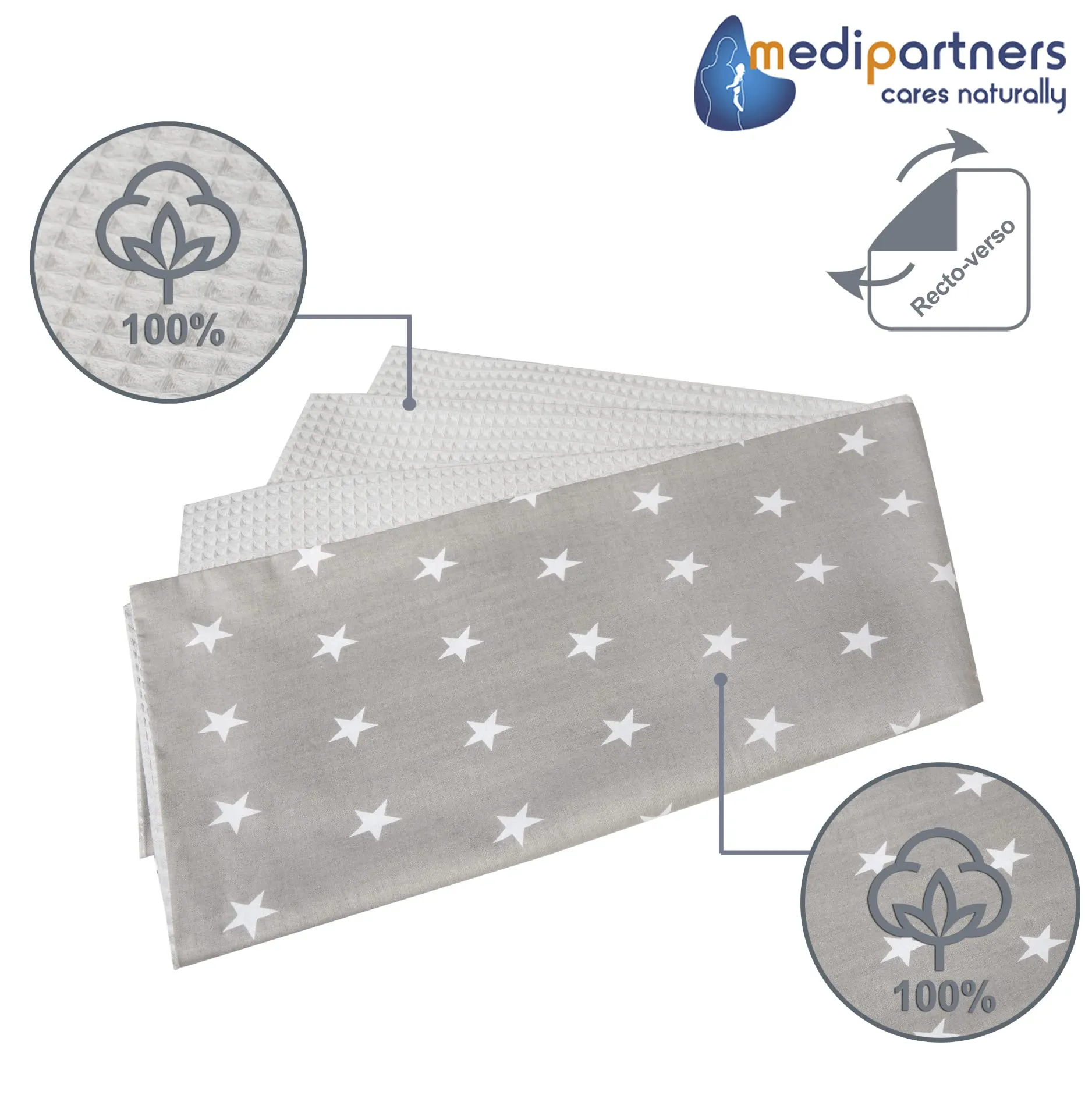 Medi Partners Coperta per Neonato in Cotone Bifacciale, 75x100cm, Stelle con Waffle Grigio - immagine 3