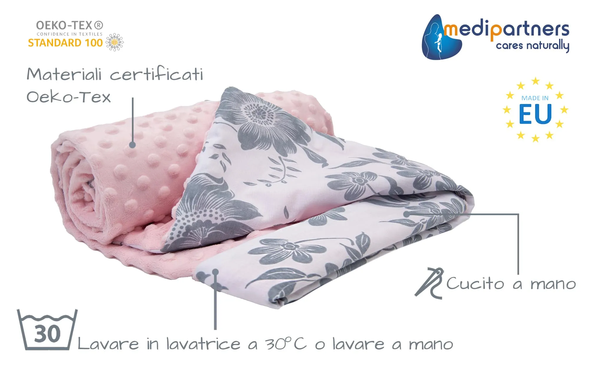 Medi Partners Coperta per Neonato in Cotone e Minky Bifacciale 75x100cm Berry con Rosa - immagine 2