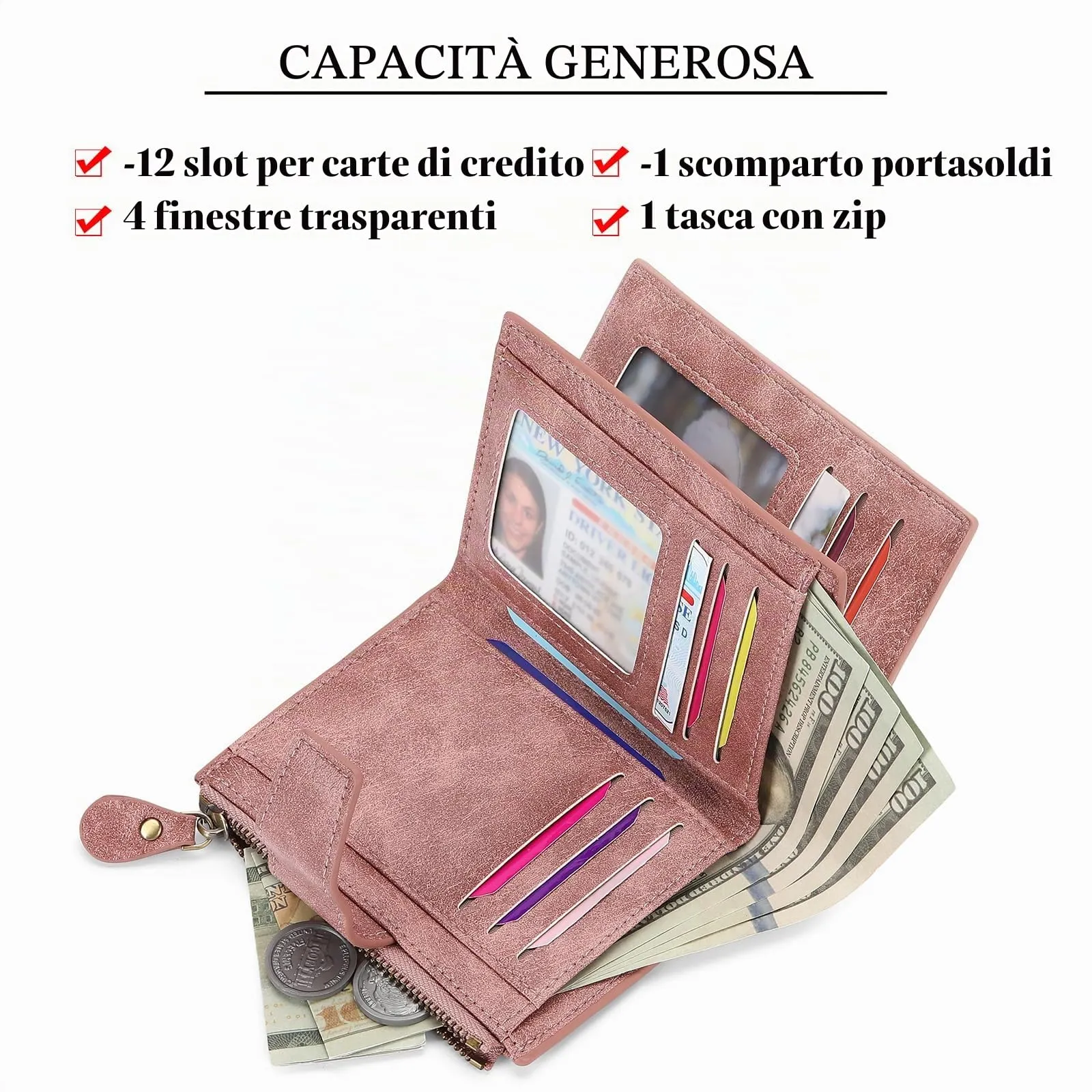 SENDEFN Portafoglio Donna in Pelle Vera con Blocco RFID, 14 Slot Carte e Portamonete con Cerniera - immagine 3