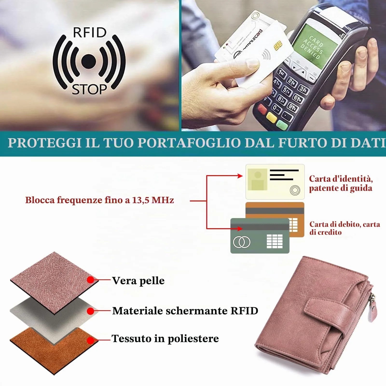 SENDEFN Portafoglio Donna in Pelle Vera con Blocco RFID, 14 Slot Carte e Portamonete con Cerniera - immagine 6