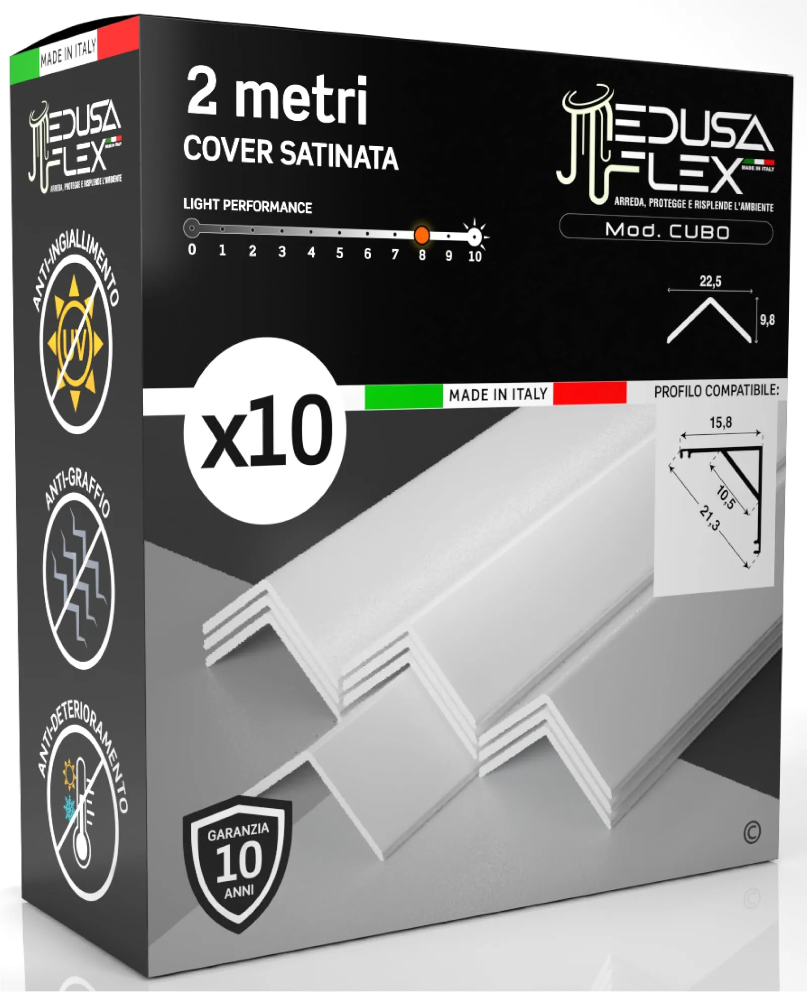 Eurocali Cover Angolare Profilo Alluminio per Strisce LED Medusaflex mod. Cubo, 2 Metri, Satinata, Pacco da 10 - immagine 1