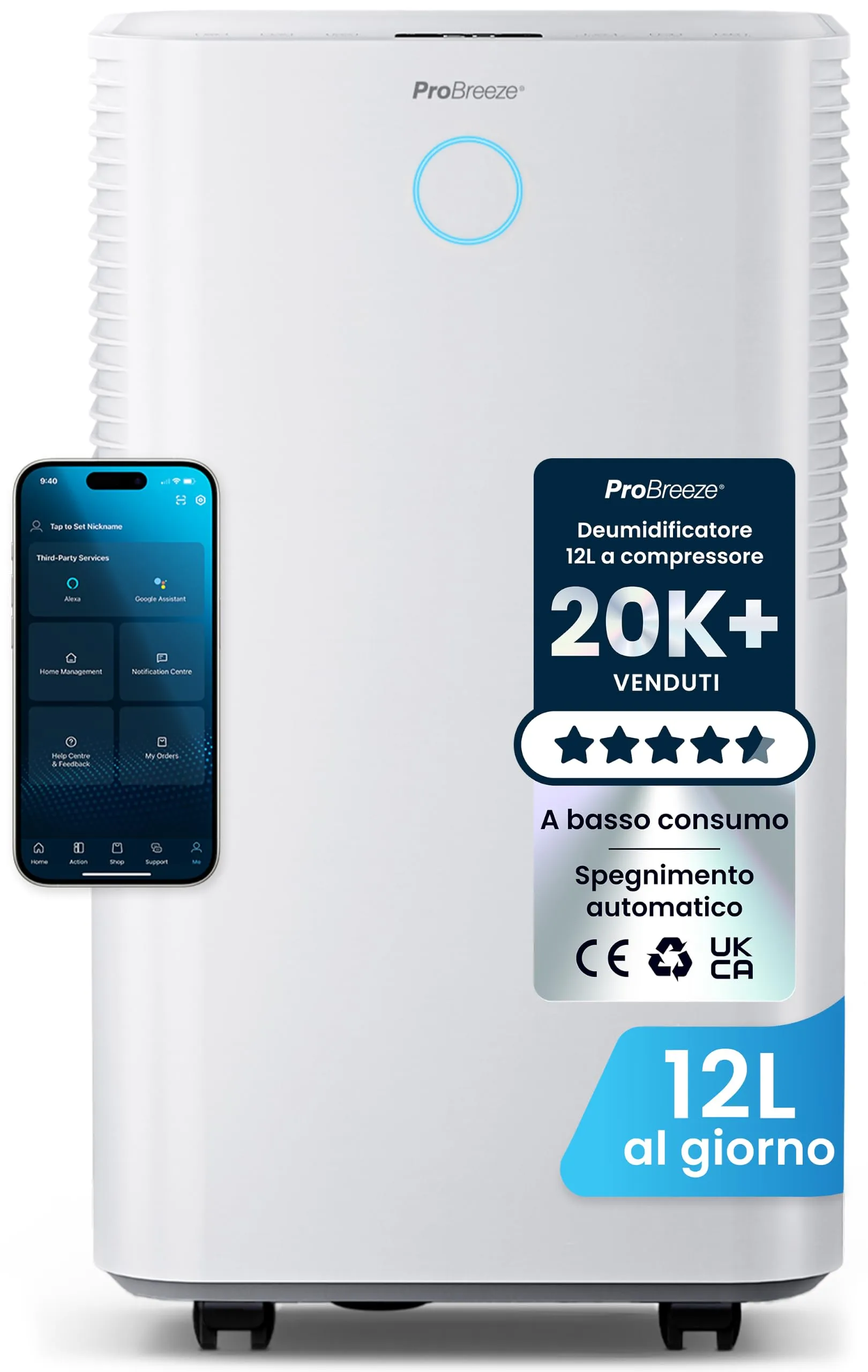 Pro Breeze OmniDry Deumidificatore 12L/Giorno con Sensore Umidità Automatico, Display LED, Timer 24h e Smart App - immagine 1