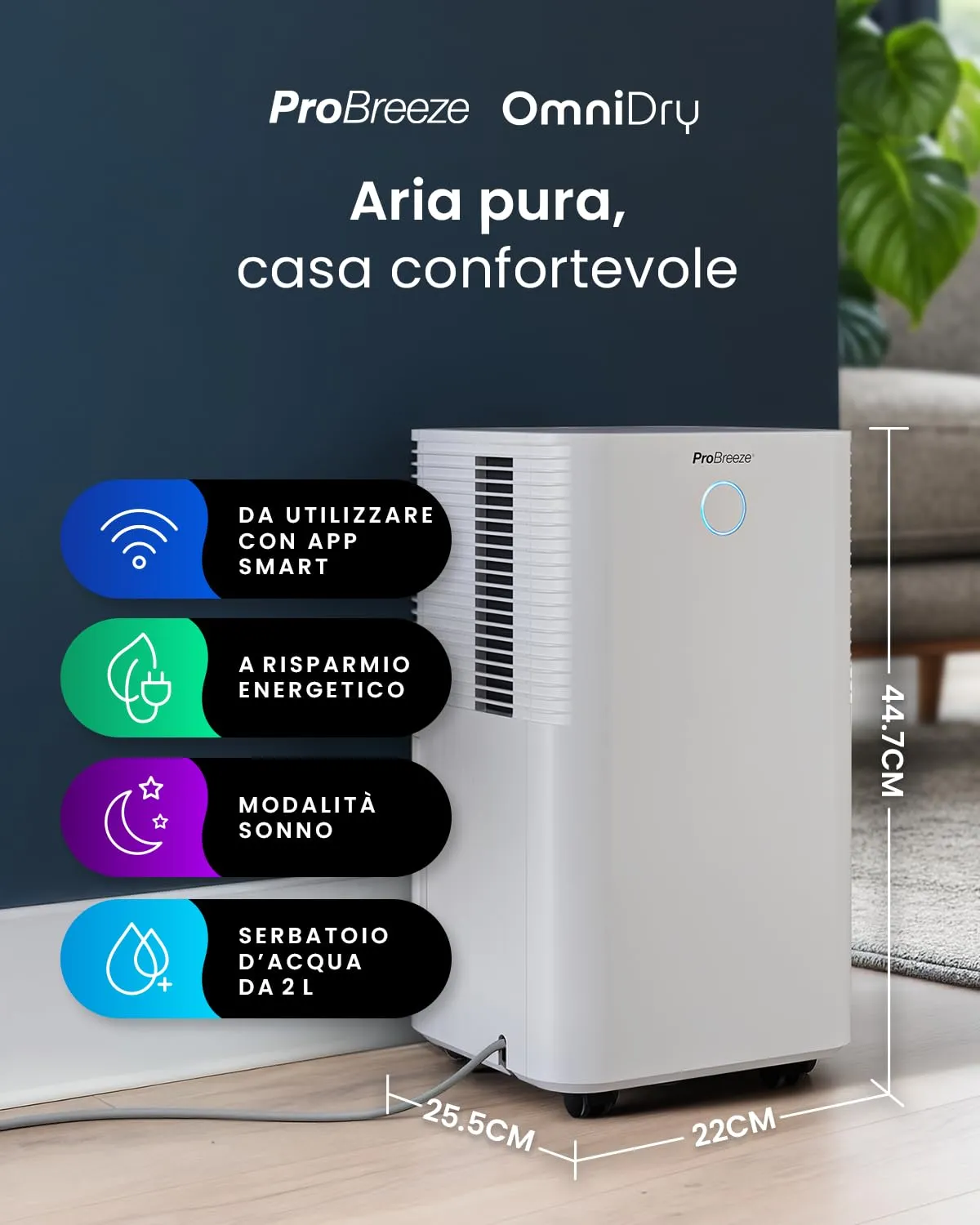 Pro Breeze OmniDry Deumidificatore 12L/Giorno con Sensore Umidità Automatico, Display LED, Timer 24h e Smart App - immagine 2