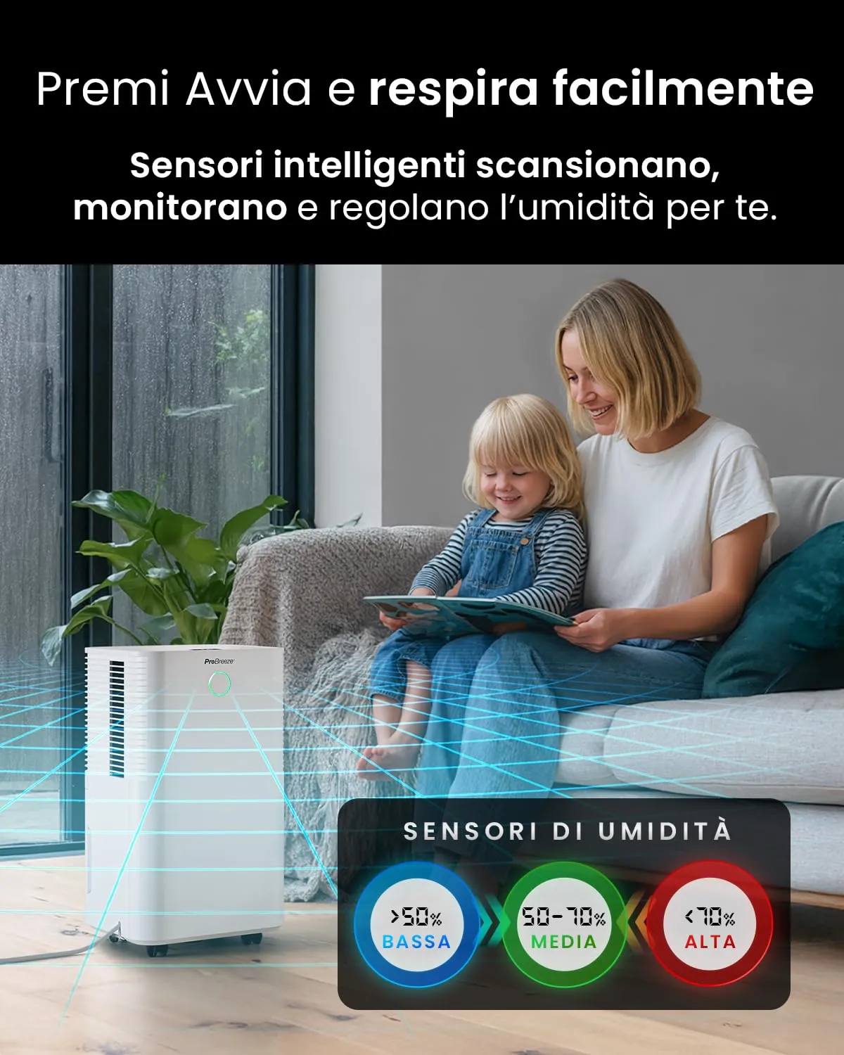 Pro Breeze OmniDry Deumidificatore 12L/Giorno con Sensore Umidità Automatico, Display LED, Timer 24h e Smart App - immagine 7