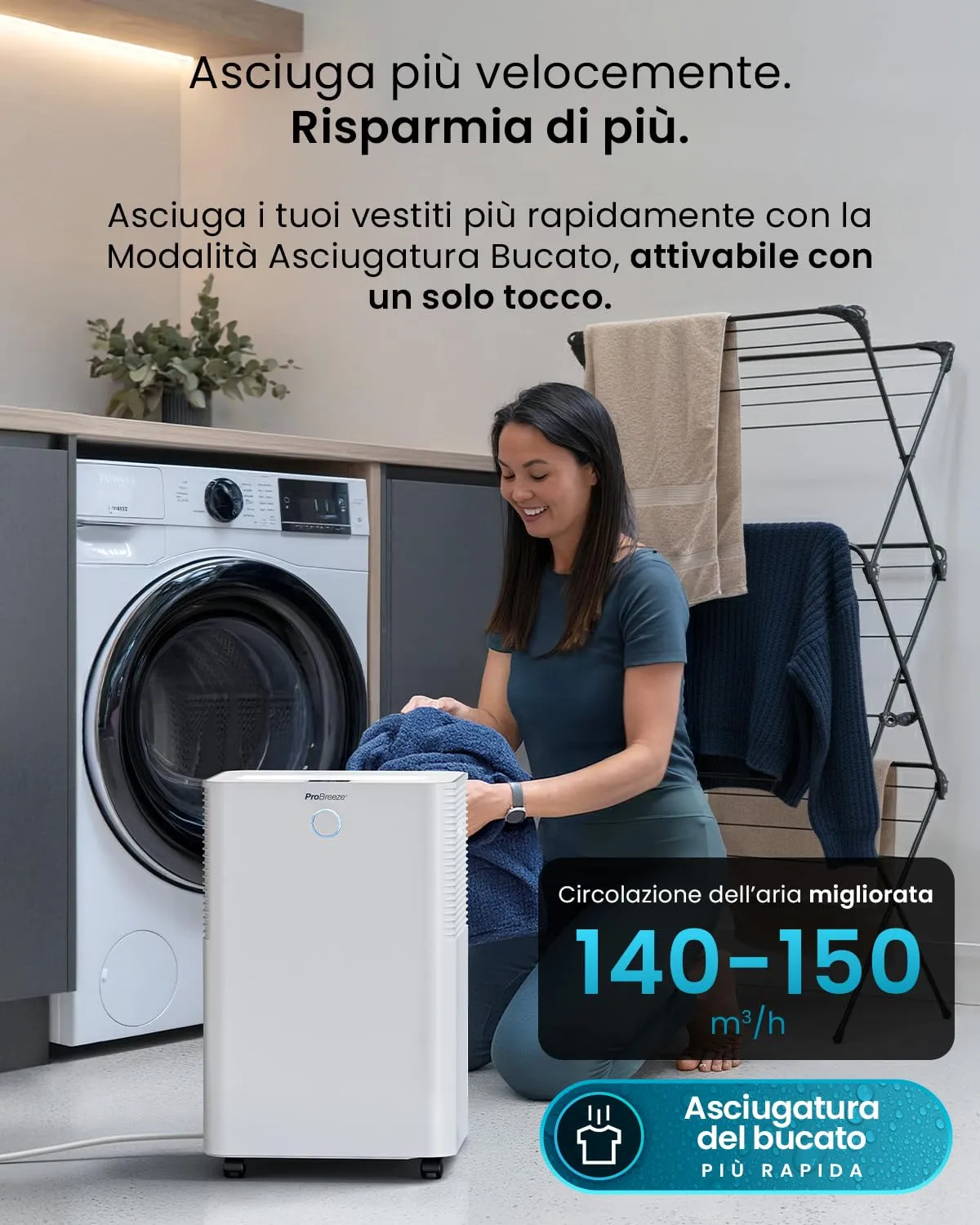 Pro Breeze OmniDry Deumidificatore 20L/Giorno, Serbatoio 4L, WiFi, Asciugatura Vestiti, Timer 24H, 30 m² - immagine 5