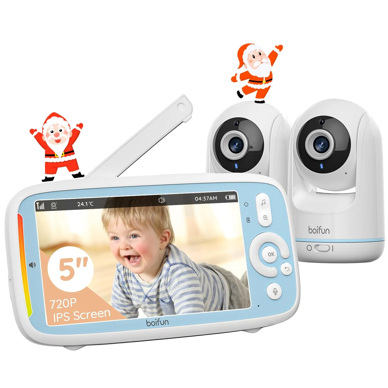 BOIFUN Baby Monitor IT-VB805-2 con 2 Telecamere, Schermo IPS 5" Split-Screen, PTZ 360°, Audio Bidirezionale, Visione Notturna, Batteria 3050mAh, Zoom 3X, Rilevamento Temperatura, VOX - immagine 1