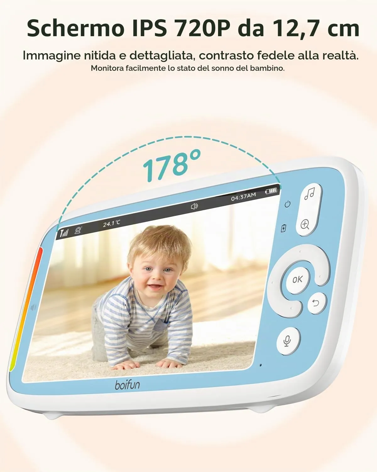 BOIFUN Baby Monitor IT-VB805-2 con 2 Telecamere, Schermo IPS 5" Split-Screen, PTZ 360°, Audio Bidirezionale, Visione Notturna, Batteria 3050mAh, Zoom 3X, Rilevamento Temperatura, VOX - immagine 2