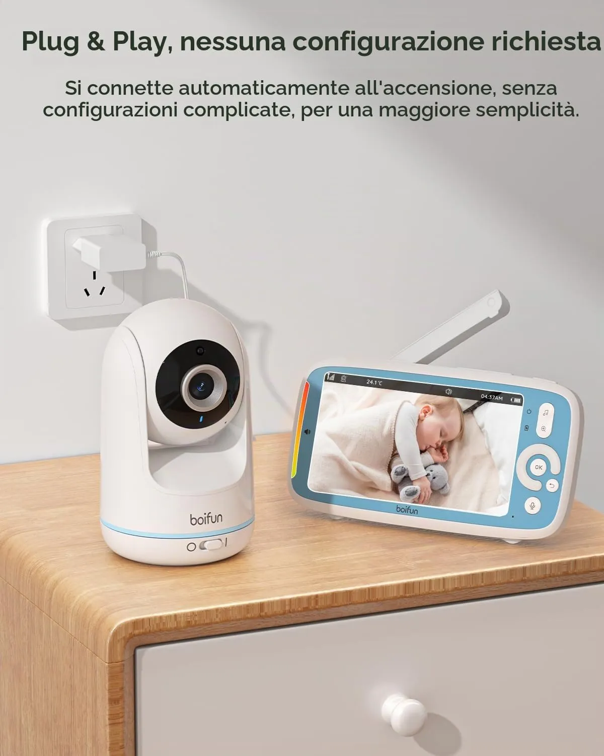 BOIFUN Baby Monitor IT-VB805-2 con 2 Telecamere, Schermo IPS 5" Split-Screen, PTZ 360°, Audio Bidirezionale, Visione Notturna, Batteria 3050mAh, Zoom 3X, Rilevamento Temperatura, VOX - immagine 3