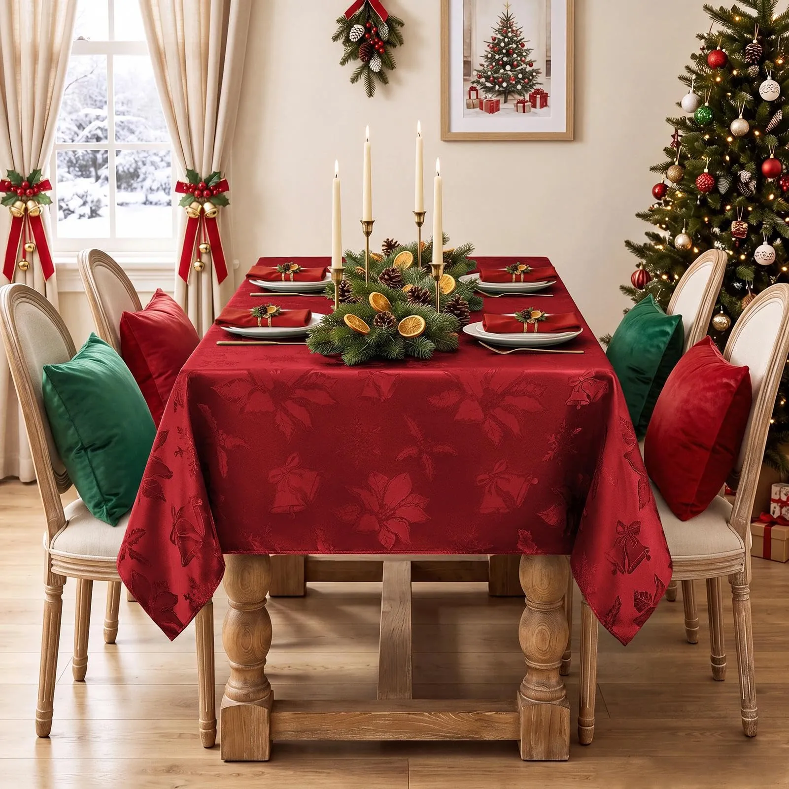 Softalker Tovaglia di Natale rettangolare in tessuto jacquard, stampa Stella di Natale, poliestere impermeabile e antimacchia, 60 x 144 pollici - immagine 3