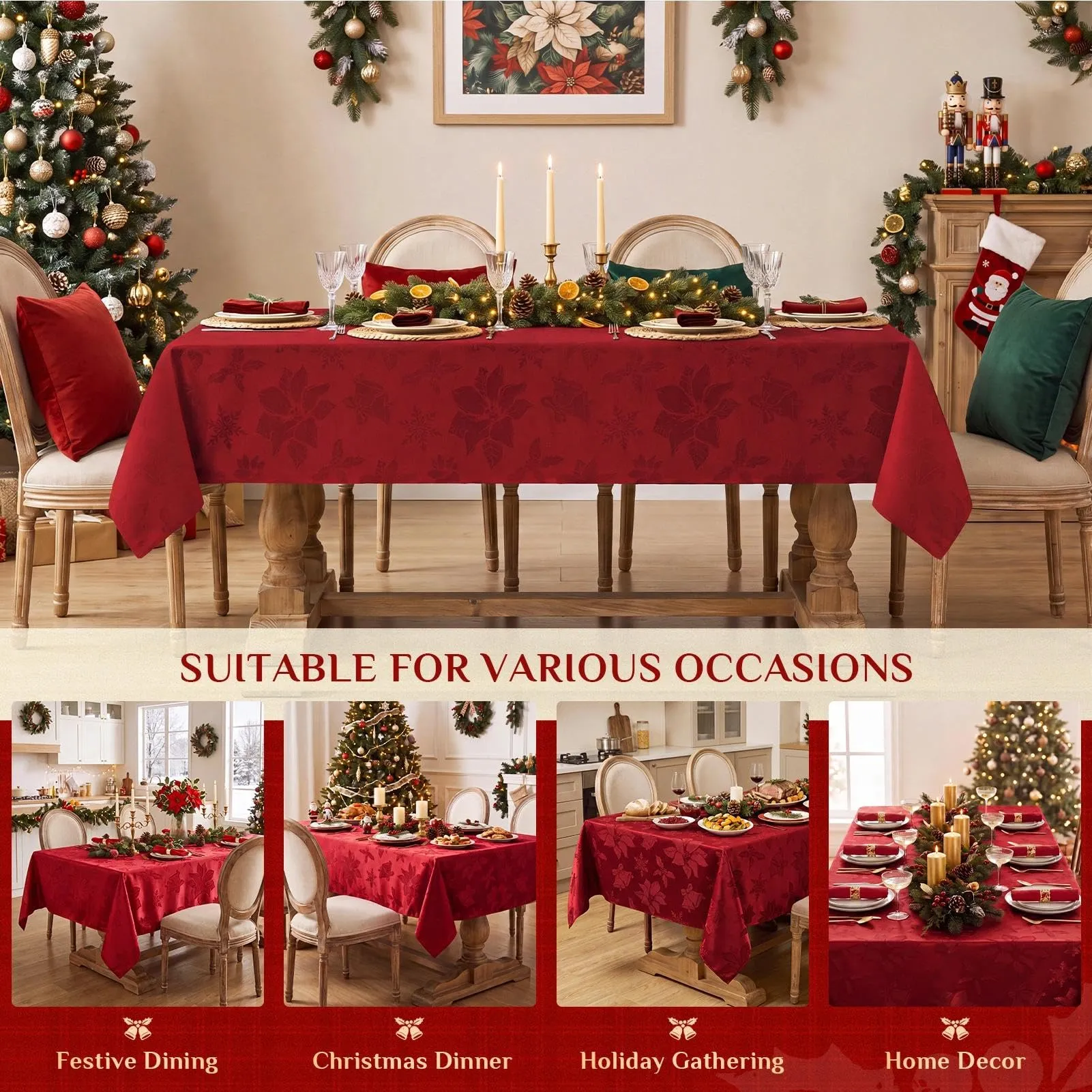 Softalker Tovaglia di Natale rettangolare in tessuto jacquard, stampa Stella di Natale, poliestere impermeabile e antimacchia, 60 x 144 pollici - immagine 7