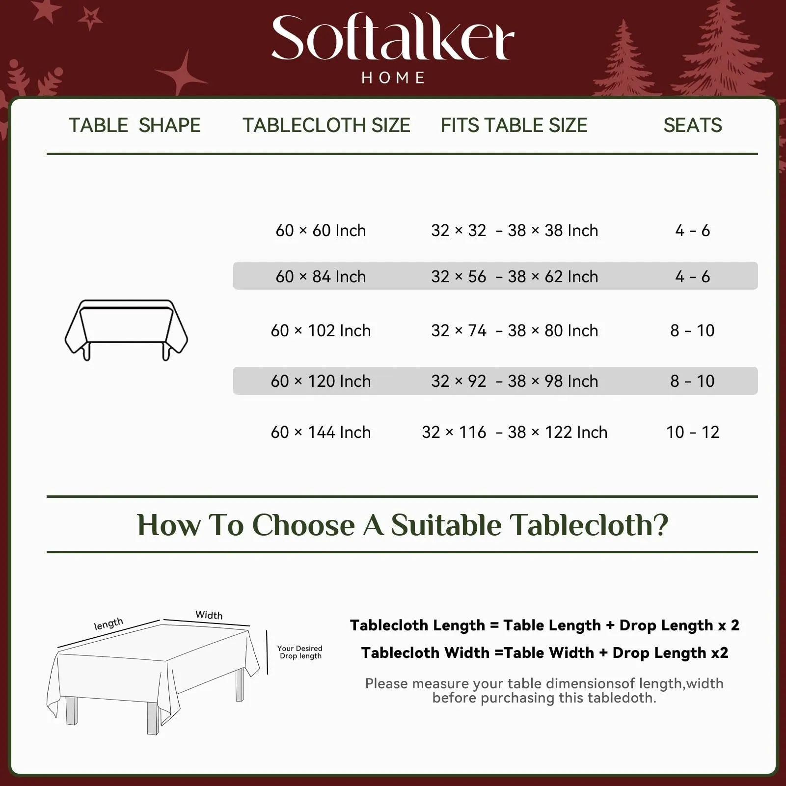 Softalker Tovaglia di Natale rettangolare in tessuto jacquard, stampa Stella di Natale, poliestere impermeabile e antimacchia, 60 x 144 pollici - immagine 8